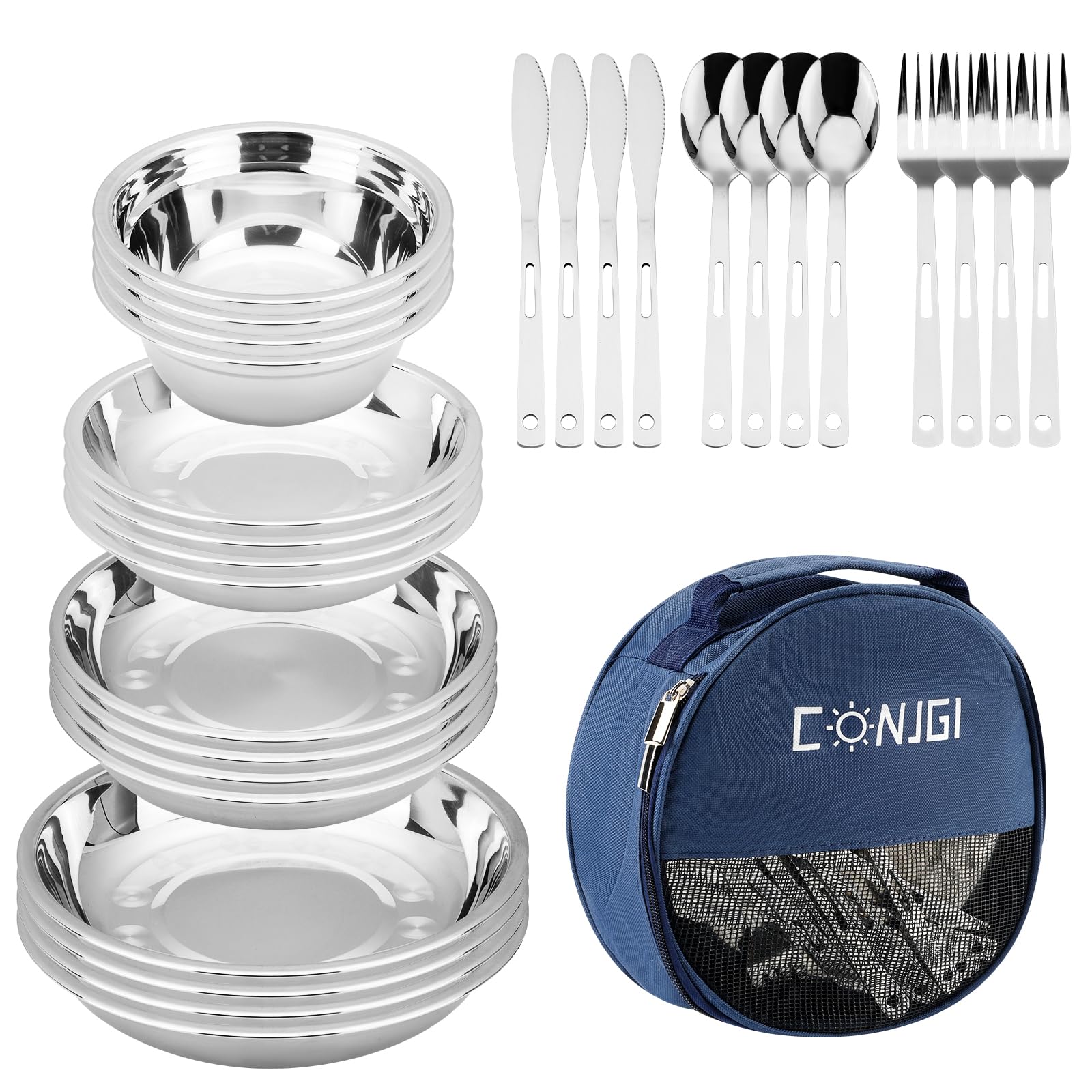 28-Piece Camping Mess Kit - Lightweight Dinnerware Set with Bowls, Plates, Knives, Forks & Spoons | Perfect for Outdoor Adventures, Picnics & RV Travel | Durable Camping Cookware & Essential Accessories
