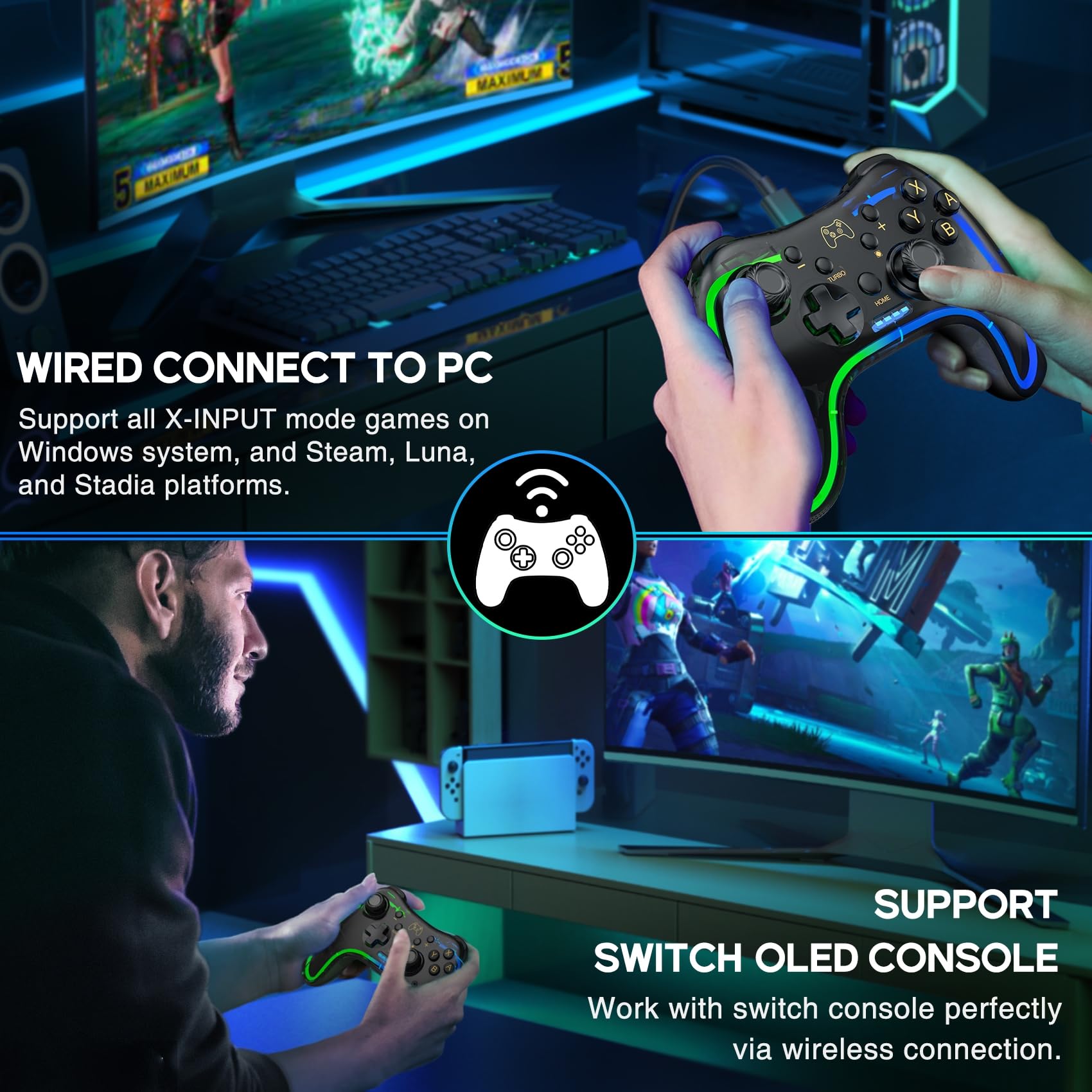 Wireless Switch Controller for Nintendo Switch/OLED/Lite - Pro Controller Replacement with RGB LED, Turbo & Vibration - Compatible with PC, Android & iOS - Perfect for Gaming, Streaming & Multiplayer Sessions