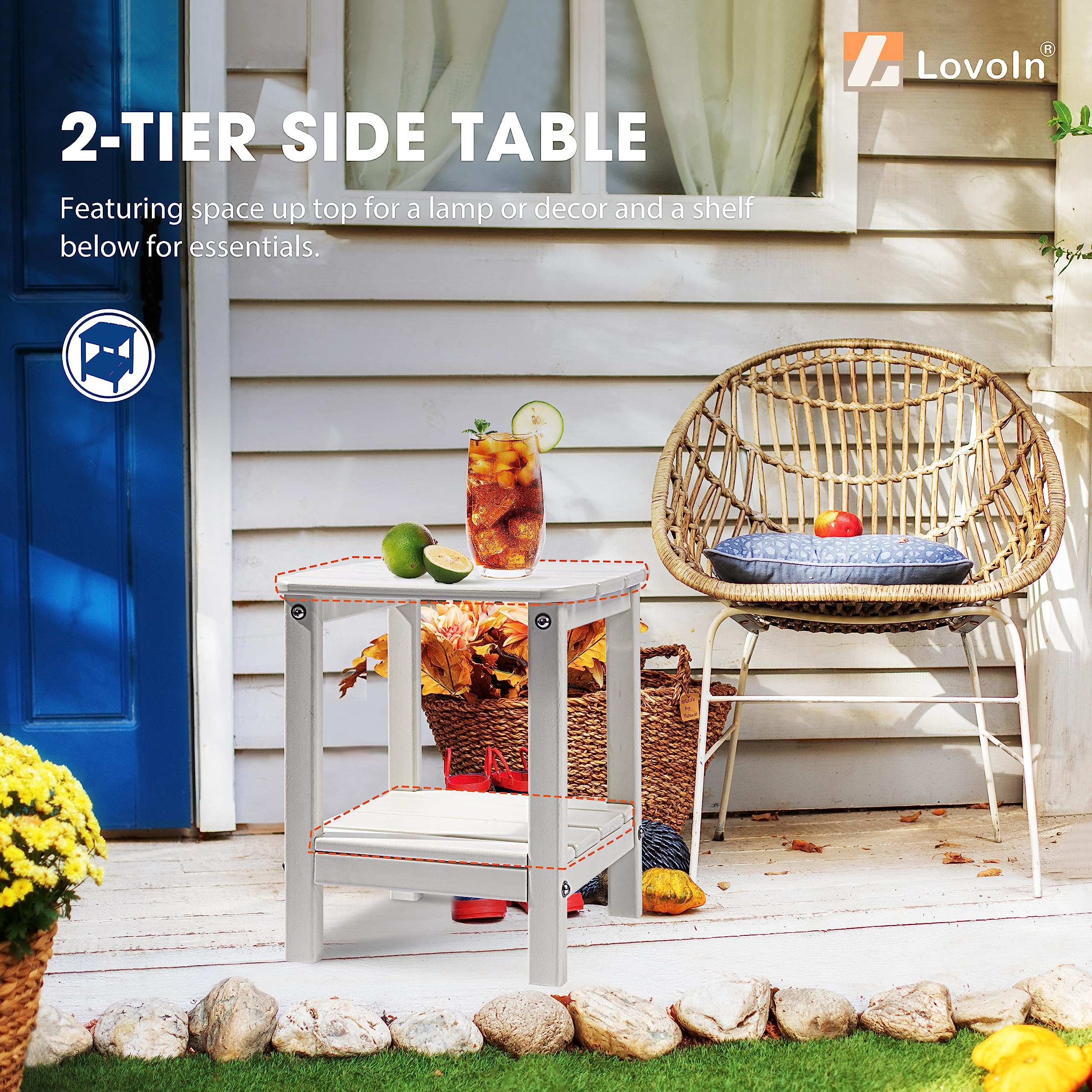 LovoIn Adirondack Outdoor Side Table - Weather Resistant HDPE Poly Lumber End Table for Patio, Poolside & Indoor Use - Low Maintenance Off-White Furniture for Relaxing in Your Garden or by the Pool