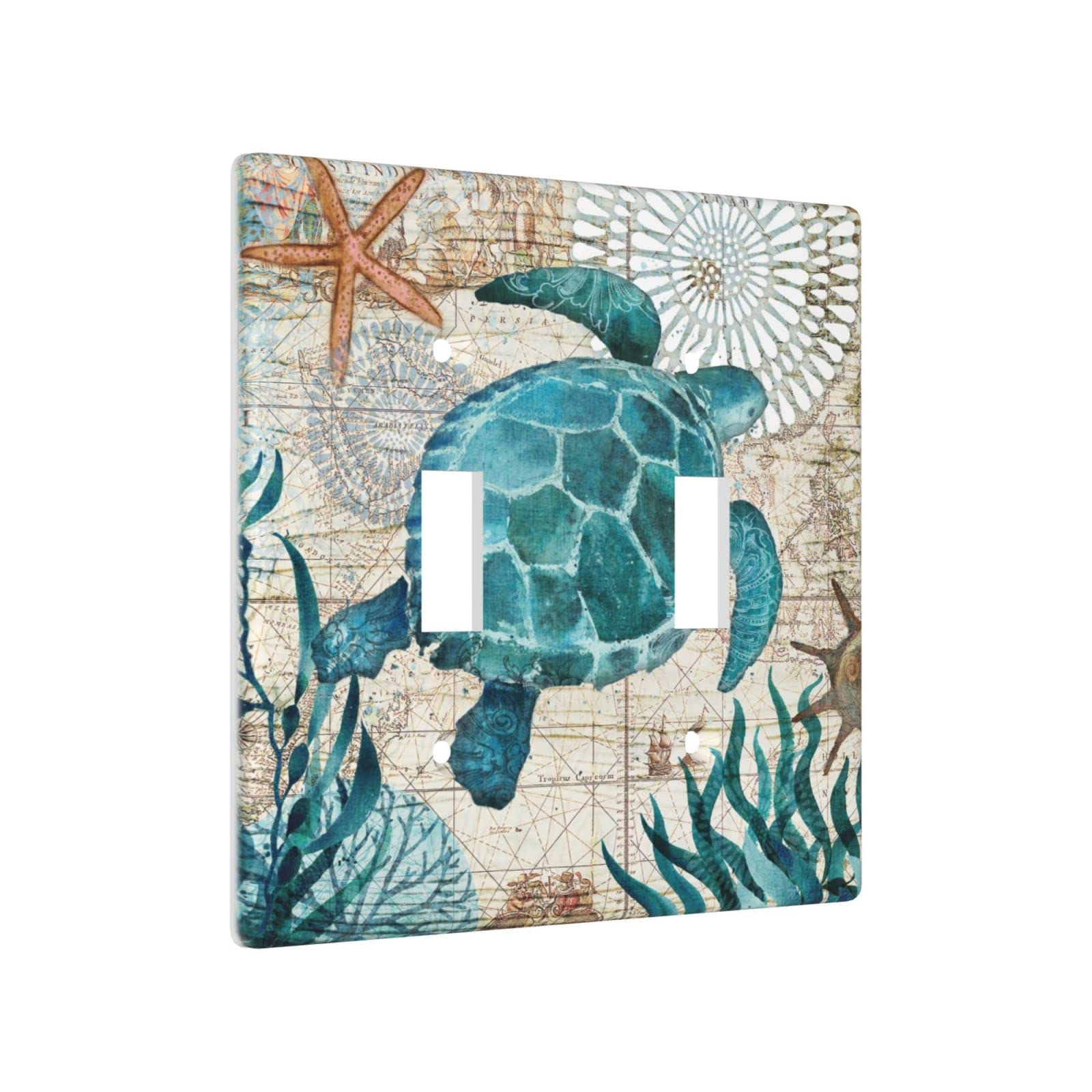 Vintage Ocean Turtle Starfish Double Wall Plate Cover - Standard Two Gang Toggle Decorative Light Switch for Home, Beach House & Coastal Decor