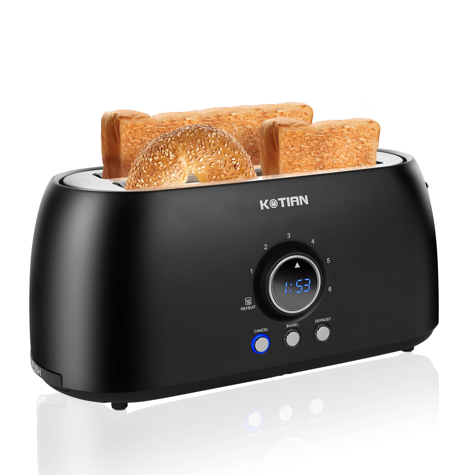 **KOTIAN 4-Slice Retro Toaster - Stainless Steel Long Slot Toaster with Countdown Timer, Bagel, Defrost & Reheat Functions - Extra Wide Slots, 6 Toast Settings, Removable Crumb Tray (Matte Black) - Perfect for Breakfast, Brunch & Small Kitchens**
