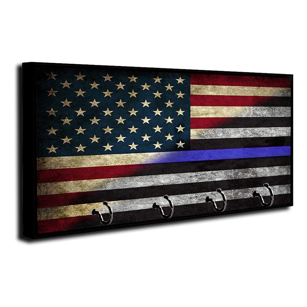 Thin Blue Line American Flag Key Holder - Wall Mount Key Organizer Rack for Home, Office & Entryway - Law Enforcement Themed Decorative Hook Hanger for Keys, Rings & Accessories - Perfect for Police Supporters & Patriotic Home Decor