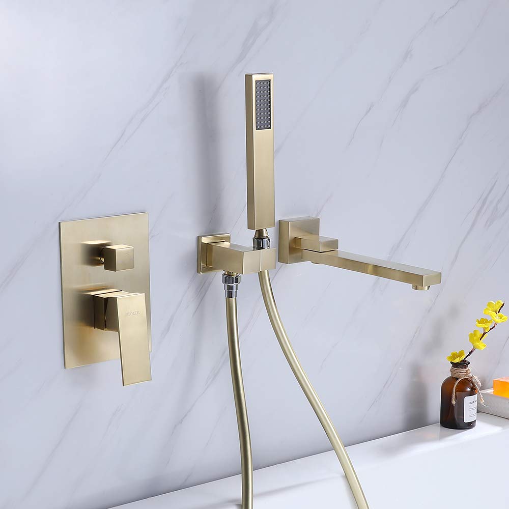 Solid Brass Wall Mounted Bathtub Faucet with 180° Swivel Handheld Shower - Modern Single Handle Bathroom Tub Filler Set in Brushed Gold Finish | Perfect for Spa-Like Bathing Experience and Small Bathroom Spaces