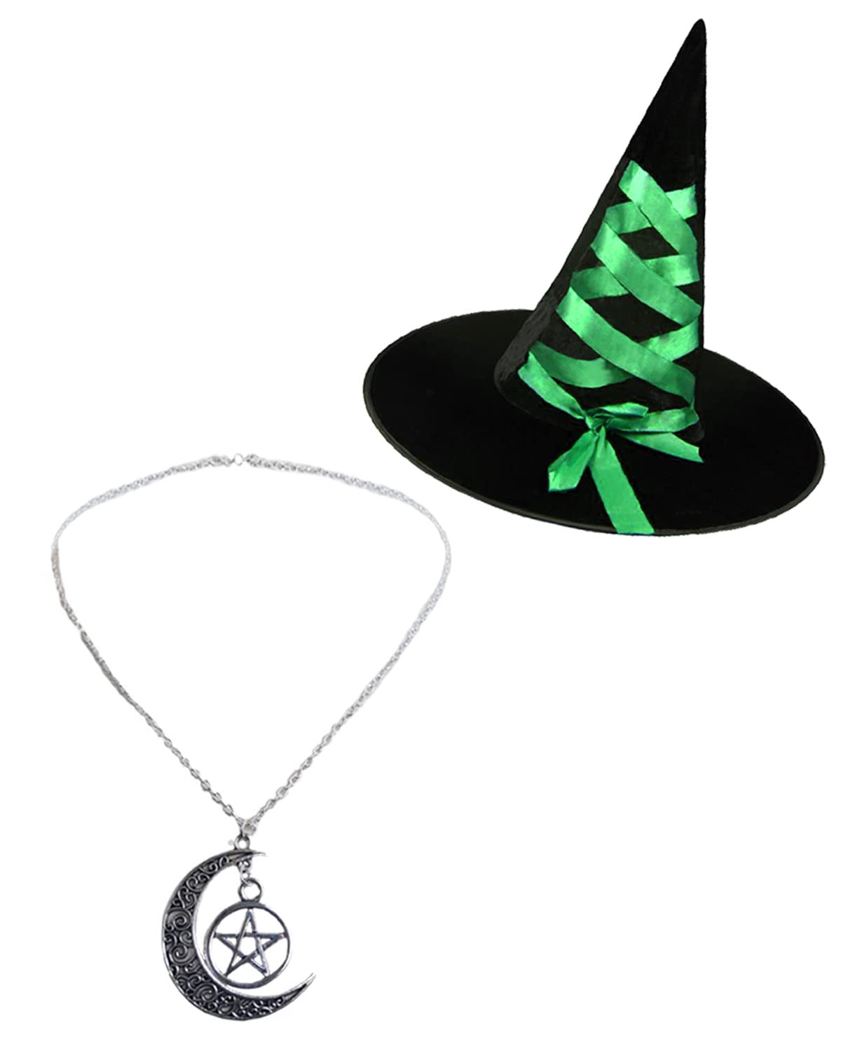 Gothic Witch Costume with Ribbon Hat & Pentagram Pendant for Renaissance Parties