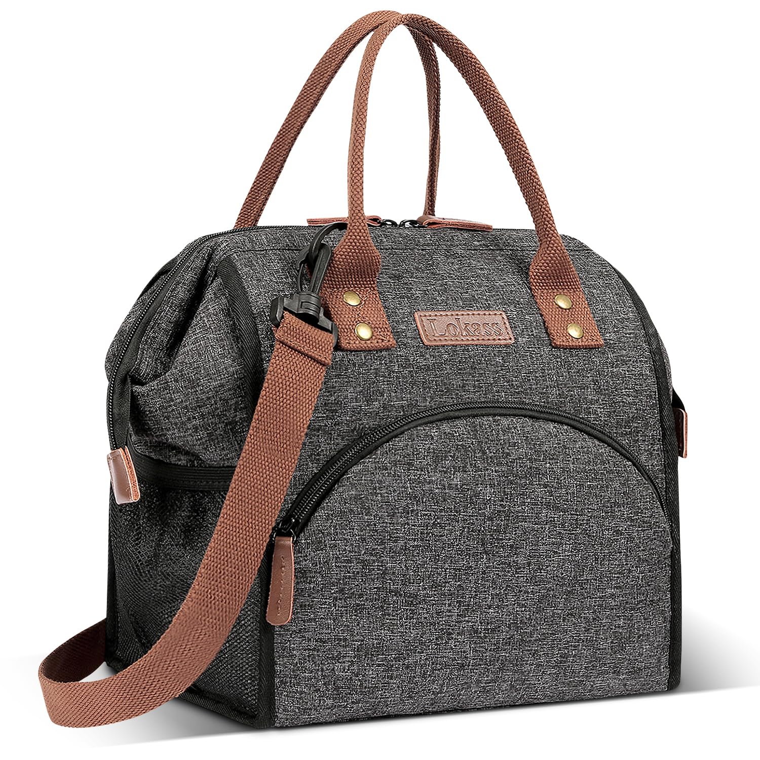 LOKASS Insulated Lunch Bag for Adults - Large Wide-Open Lunch Box with Drinks Holder & Removable Shoulder Strap - Durable Nylon Lunch Tote for Work, School, Picnic & Outdoor Activities - Black