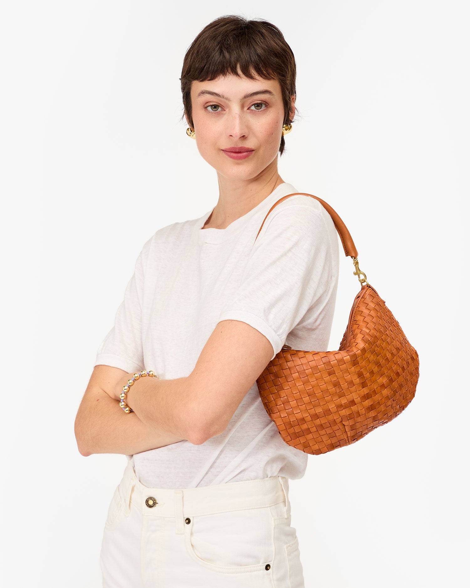 Petit Moyen Natural Woven Checker Pattern Zipper Pouch - Perfect for Travel, Makeup & Daily Essentials Organization