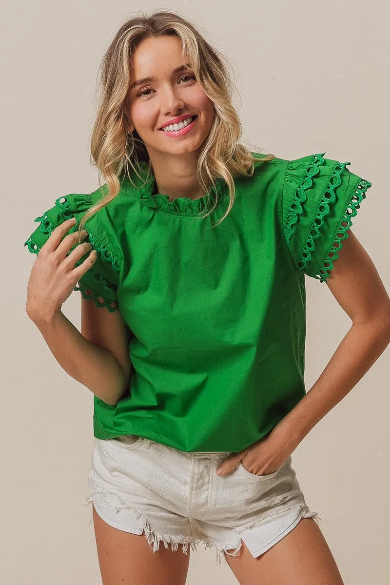 BiBi Solid Woven Circle Trim Ruffle Top Women's Fashion Blouse | Perfect for Casual Outings, Date Nights & Summer Vacations