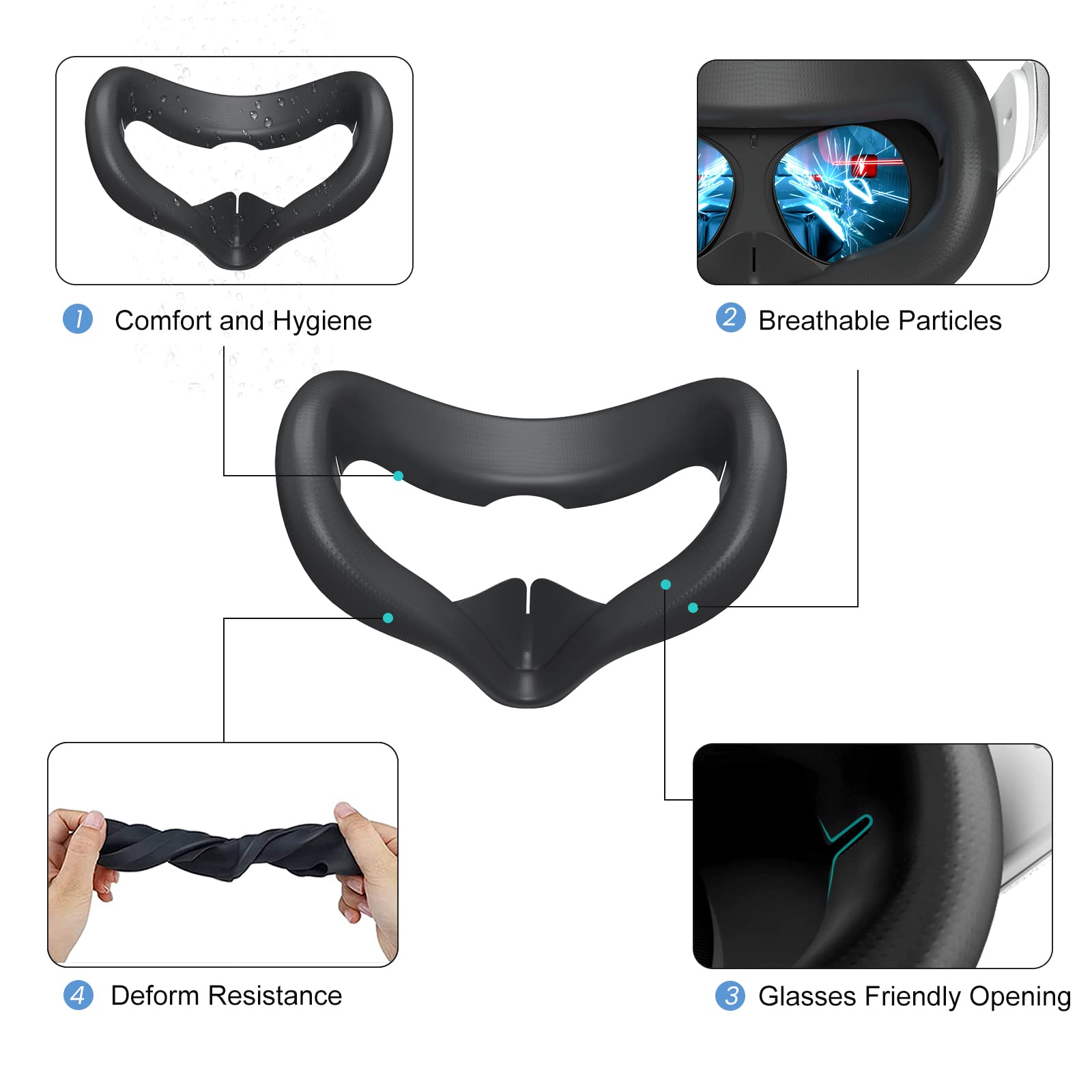 SUPERUS Comfortable Head Strap & Anti-Sweat Silicone Face Cover for Oculus Quest 2/Meta Quest 2 VR Headset Accessories - Enhanced Padding for Long Gaming Sessions, Workouts & Virtual Reality Experiences (Black)