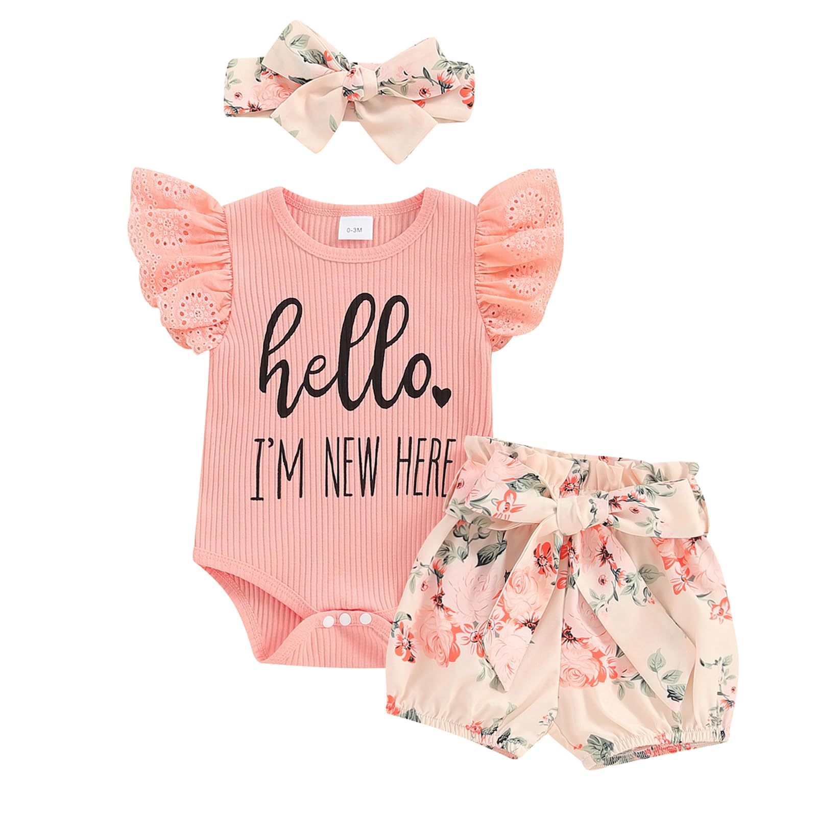 Baby Girl Summer Outfit - Newborn Ribbed Onesie Romper with Linen Bloomer Shorts & Headband Set | Cute Infant Clothes for Beach, Photo Shoots & Daily Wear