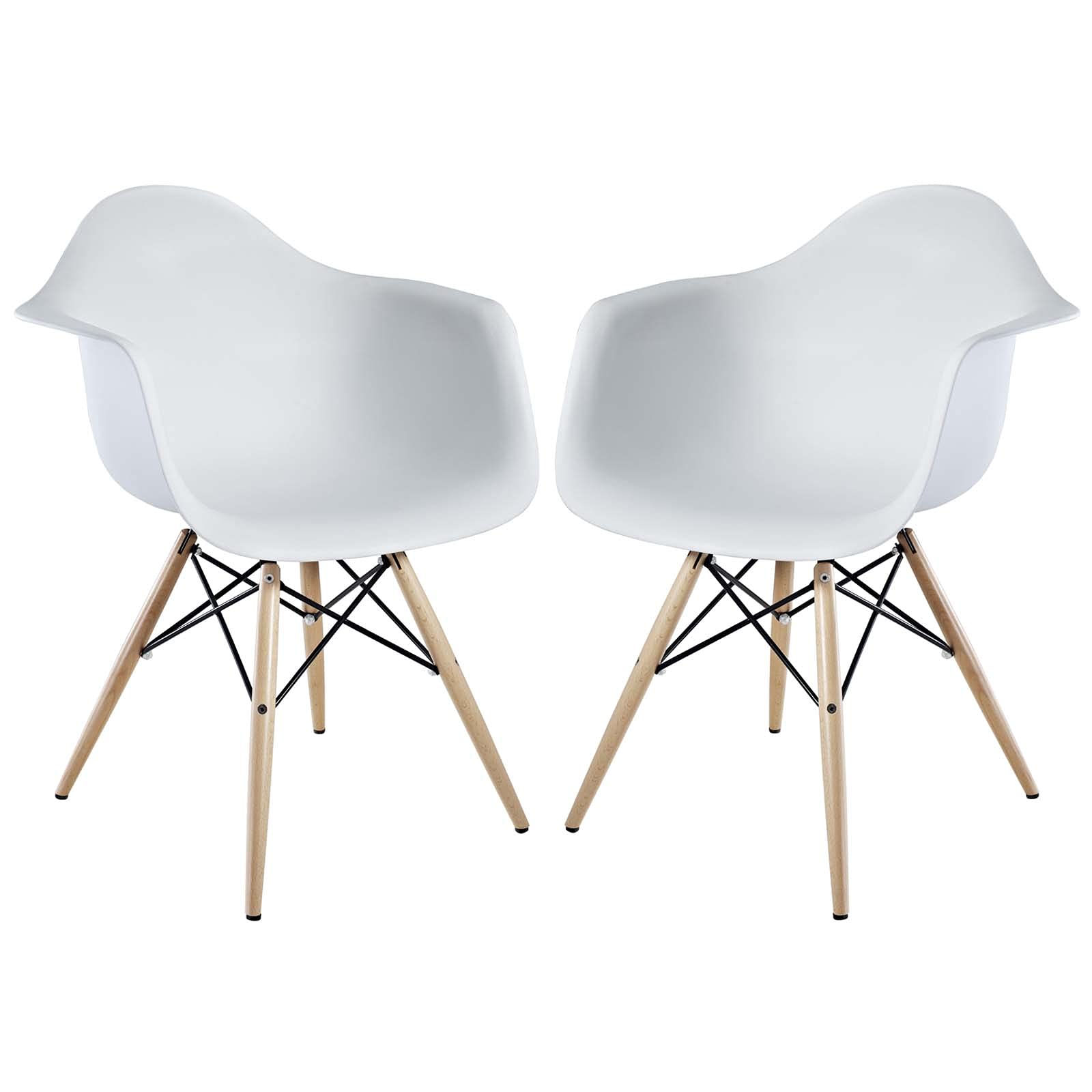 Modway Pyramid Mid-Century Modern Dining Chairs - Set of 2 White Upholstered Armchairs with Natural Wood Legs for Kitchen, Dining Room & Breakfast Nook