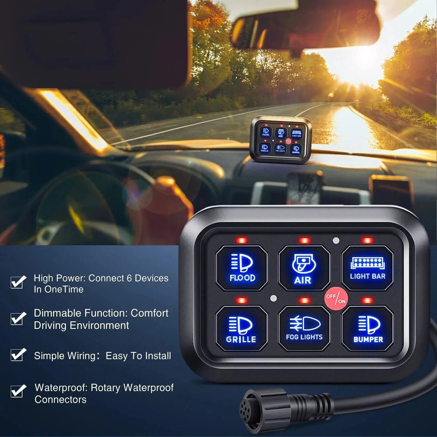 6 Gang Multifunction Blue Rocker Switch Panel System - Marine, RV, Truck & Boat Control Panel for Easy Electrical Management
