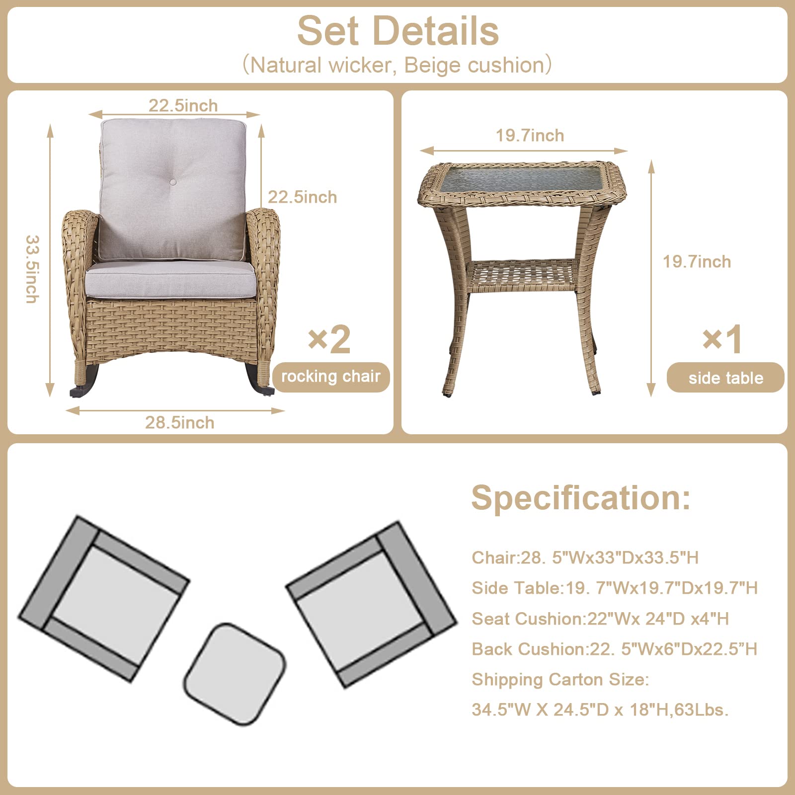 2-Piece Wicker Rocking Chair Set for Porch & Patio - Outdoor Rocking Chairs with Cushions & Side Table - Perfect for Relaxing on Your Deck, Garden or Backyard