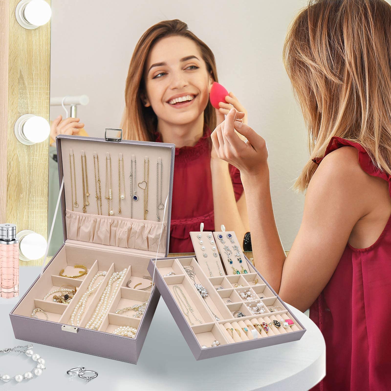 ProCase 6-Layer Large Jewelry Organizer Box for Women - Elegant Jewelry Storage Case with Mirror for Necklaces, Rings, Earrings & Bracelets - Perfect Gift for Girlfriend, Wife, Daughter (Home & Travel Use)