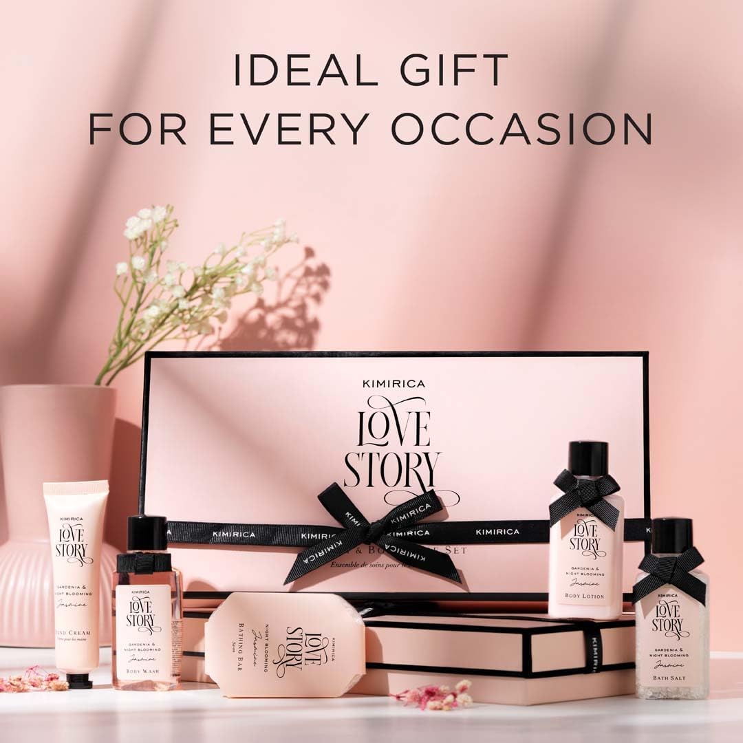 Kimi.rica Love Story Luxury Bath & Body Care Gift Set - 5-Piece Box with Bath Salt, Body Wash, Lotion, Soap & Hand Cream | Vegan Spa Essentials for Men & Women | Perfect for Anniversary, Valentine's Day & Self-Care Gifts | Premium Gift Packaging