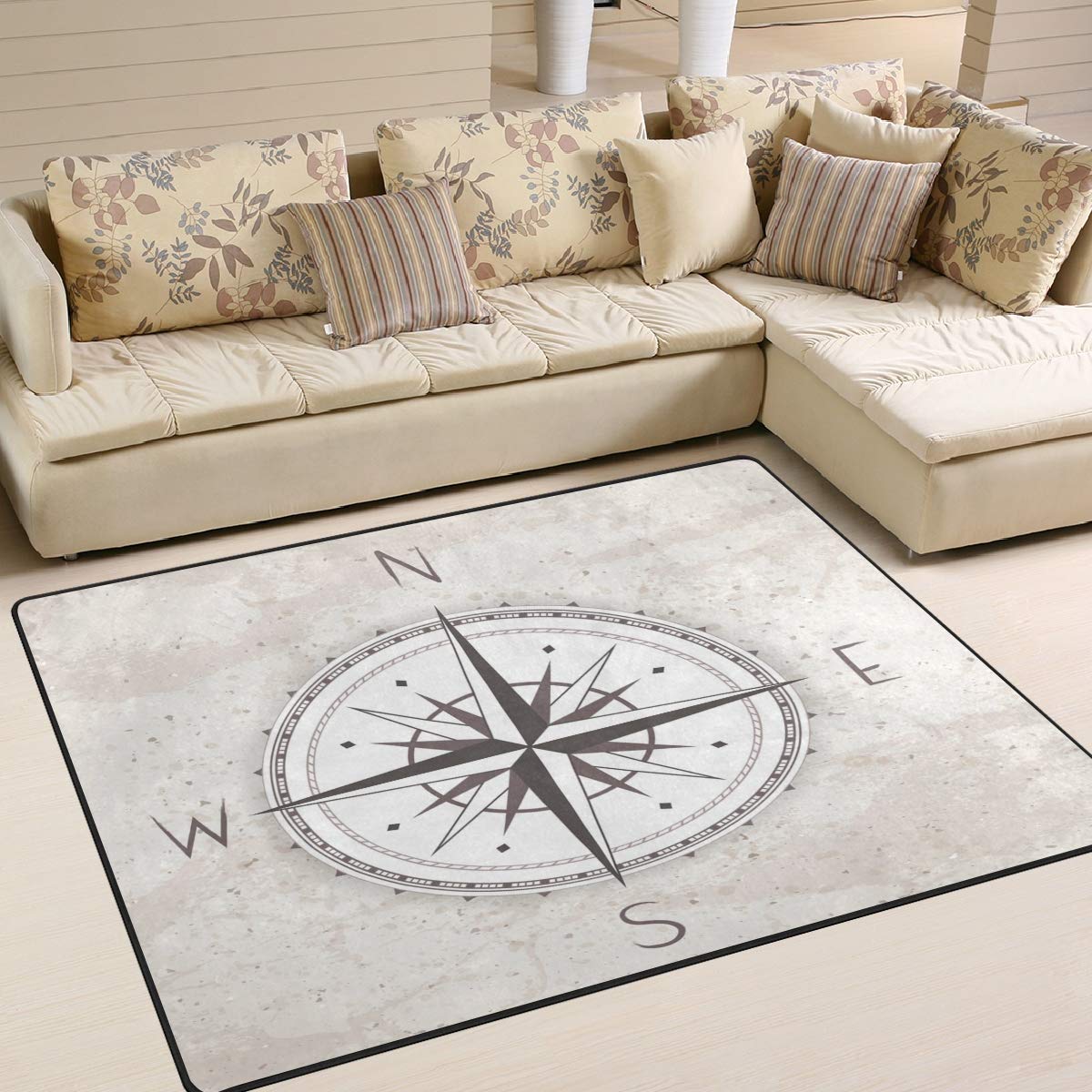 ALAZA Vintage Compass Wind Rose Design Area Rug - 7' x 5' Non-Slip Living Room & Bedroom Carpet - Perfect for Boho Decor, Coastal Theme, or Adventure Travel Inspired Home Styling