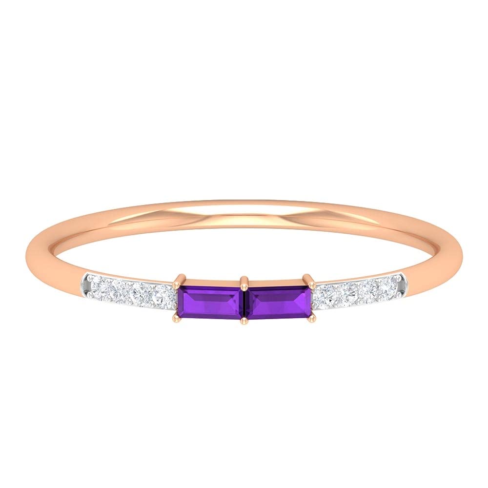 14K Solid Gold Amethyst and Diamond Ring for Women | Simple Baguette Cut Minimalist Jewelry | Elegant Purple Gemstone Ring for Engagement, Anniversary & Special Occasions