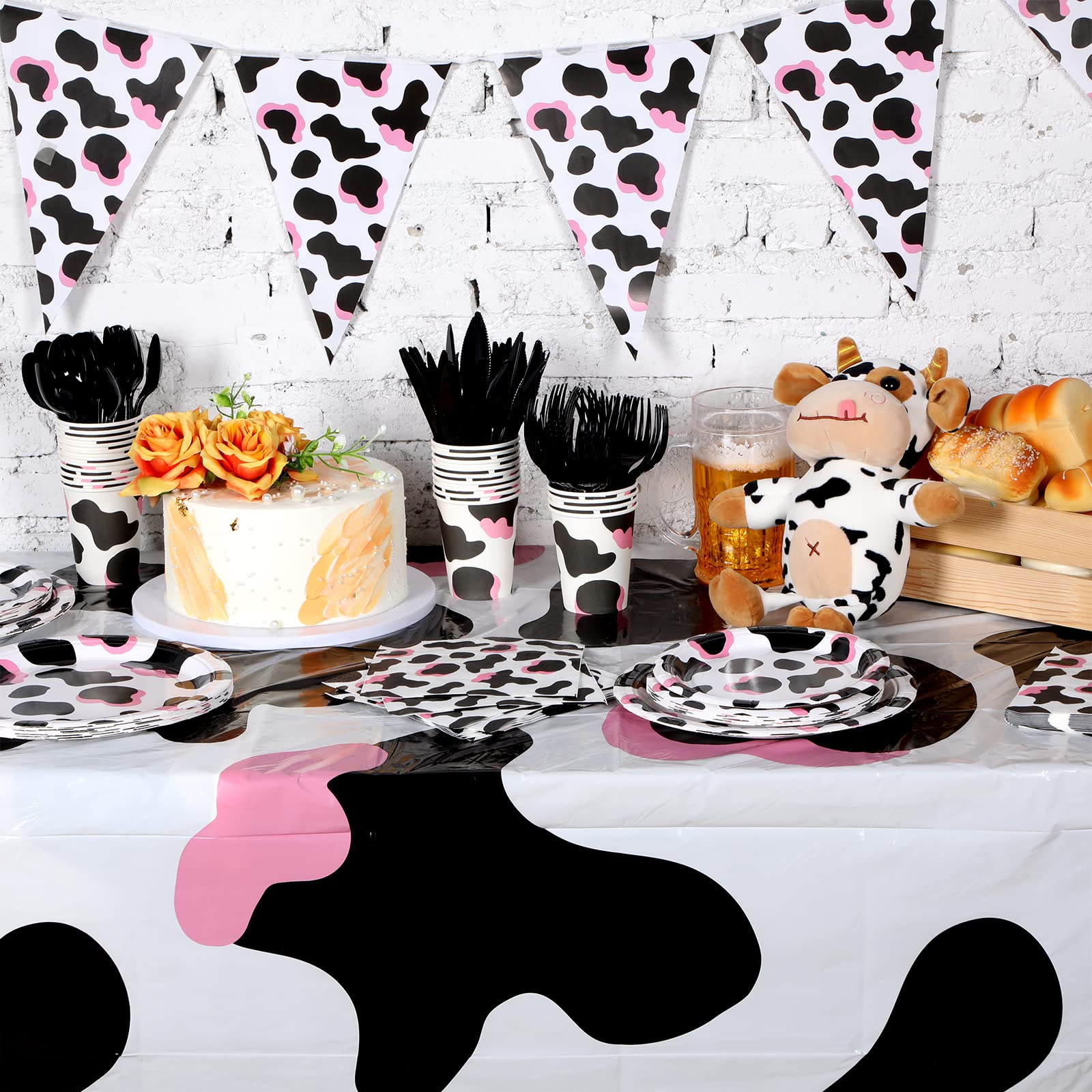 171-Piece Pink Cow Print Party Supplies Set - Plates, Cups, Napkins, Cutlery (24 Settings) with Banner & Tablecloths - Perfect for Cow-Themed Birthday, Baby Shower & Farm Animal Decorations (Great for Kids' Parties, Gender Reveals & Western-Themed Events)