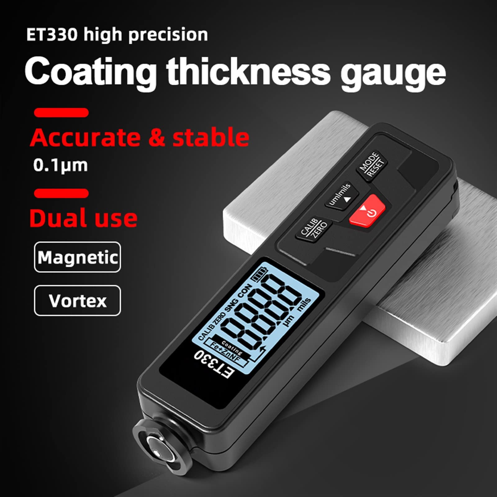 KIRANDY ET330+Zn Car Paint Thickness Gauge - 0-1500um Digital Coating Thickness Meter for Metal, Electroplate & Auto Body (Fe/NFe) - Black-Green - Perfect for Automotive Repair, Quality Control & Industrial Applications