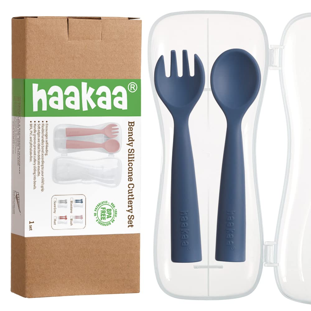 Haakaa Silicone Toddler Forks and Spoons Set - BPA-Free Bendable Self-Feeding Utensils for Babies 12+ Months | Soft Training Spoons with Storage Case (Bluestone) | Perfect for First Foods, Baby-Led Weaning & Travel