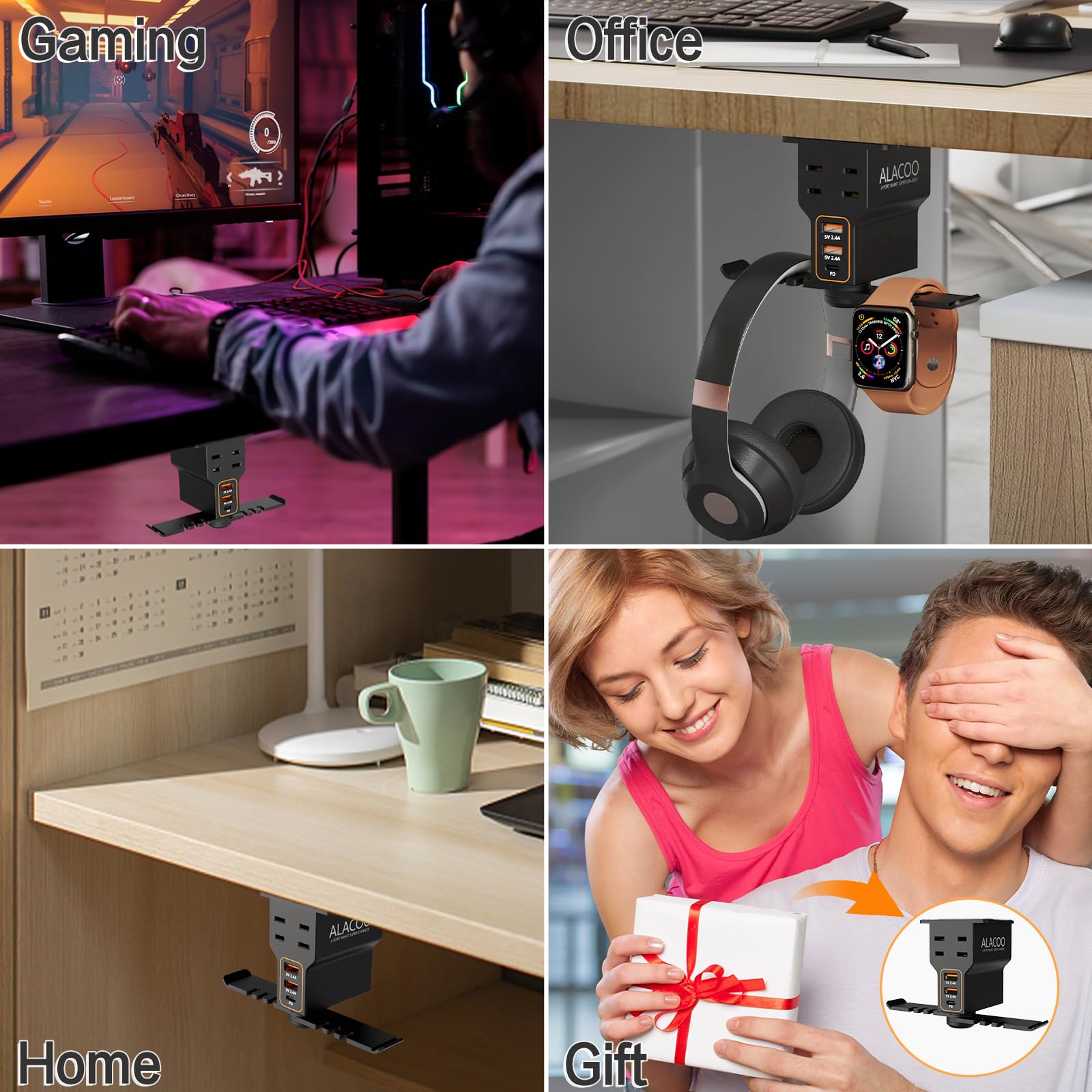 Dual Headphone Stand with USB Charging Station & AC Outlets - Under Desk Headset Holder for Gaming, PC, Office - QC3.0 Fast Charging (800W) - Perfect for Gamers, Streamers & Workspace Organization
