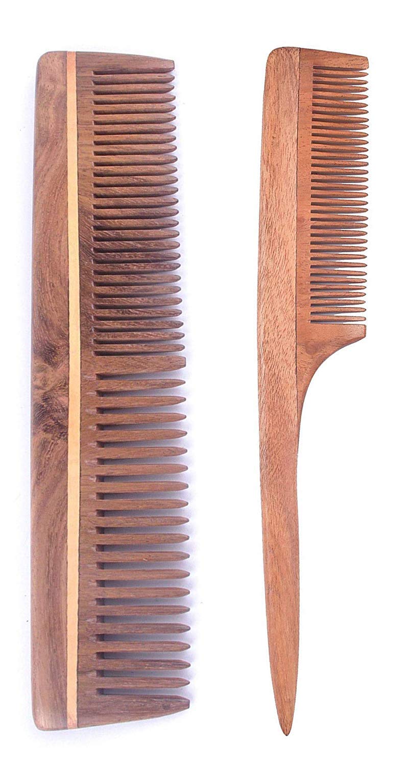 Organic Neem Wood Comb for Men & Women - Natural Brown Hairbrush for Detangling & Styling (M2 & Tail Comb) - Perfect for Daily Hair Care & Scalp Massage
