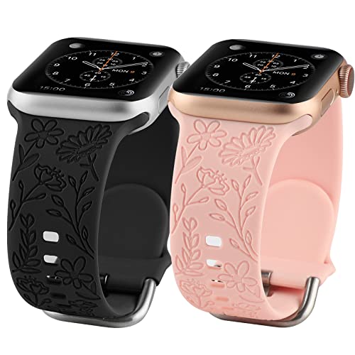 2 Pack Floral Engraved Sport Strap for Apple Watch 38mm 40mm 41mm - Soft Silicone Replacement Band Compatible with iWatch Series 8/7/6/5/4/3/2/1/SE - Women's Fashion Wristband for Workout, Running & Daily Wear