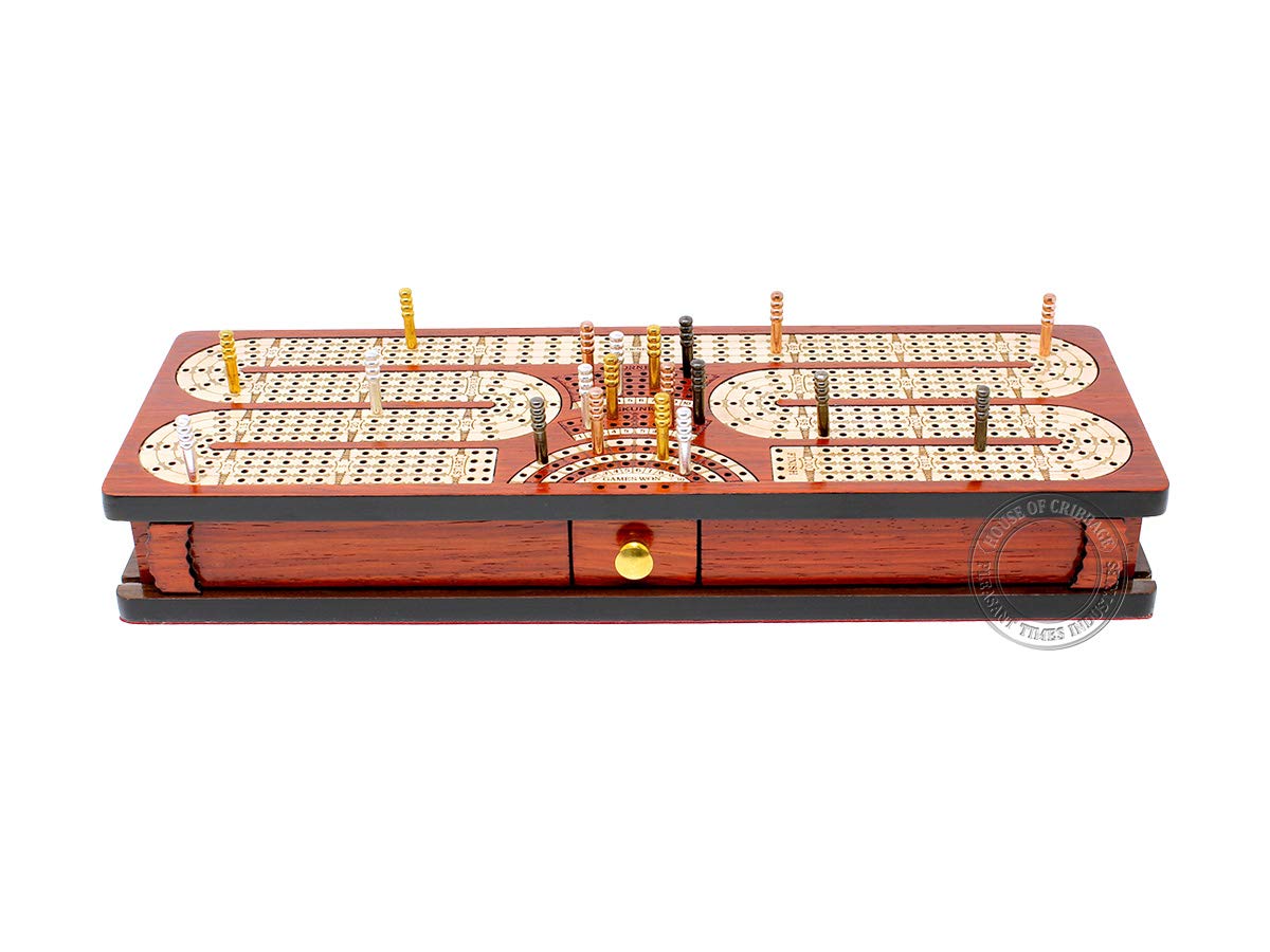 Premium Continuous Cribbage Board with 4 Tracks - Handcrafted Bloodwood & Maple Inlaid Game Box with Sliding Lids, Drawer & Scoring Fields | Perfect for Family Game Nights, Travel & Tournament Play