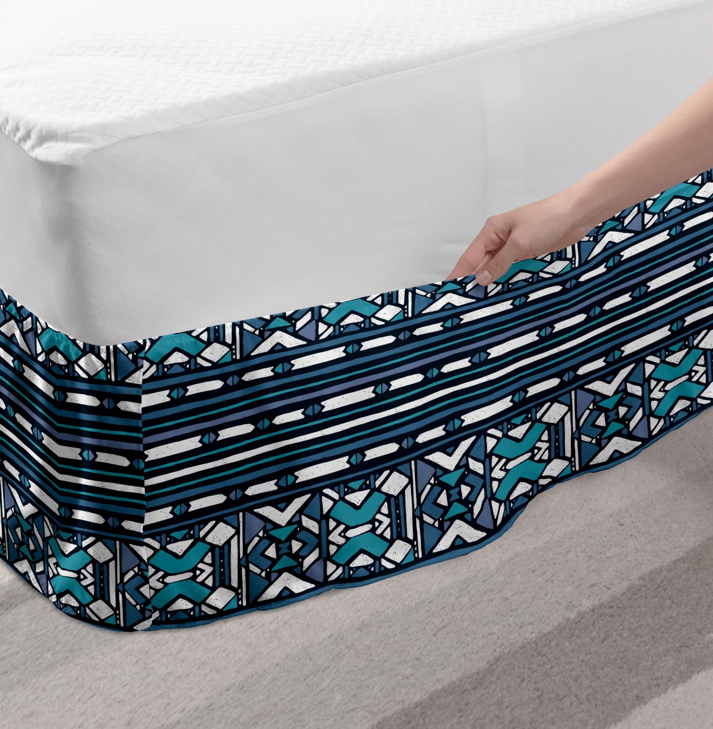 Ambesonne Aztec Elastic Bed Skirt - King Size Dark Turquoise Seafoam | Prehistoric Geometric Pattern Wrap Around Dust Ruffle | Perfect for Modern & Bohemian Bedroom Decor