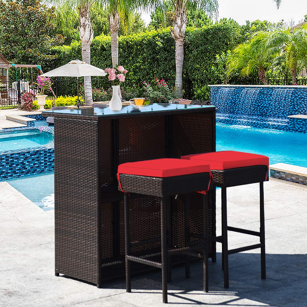 HappyGrill 3-Piece Outdoor Bar Set - Rattan Wicker Bar Stools & Table with Weather-Resistant Cushions & Tempered Glass Top - Perfect for Poolside, Garden, Patio Dining & Entertaining with Convenient Storage Shelves