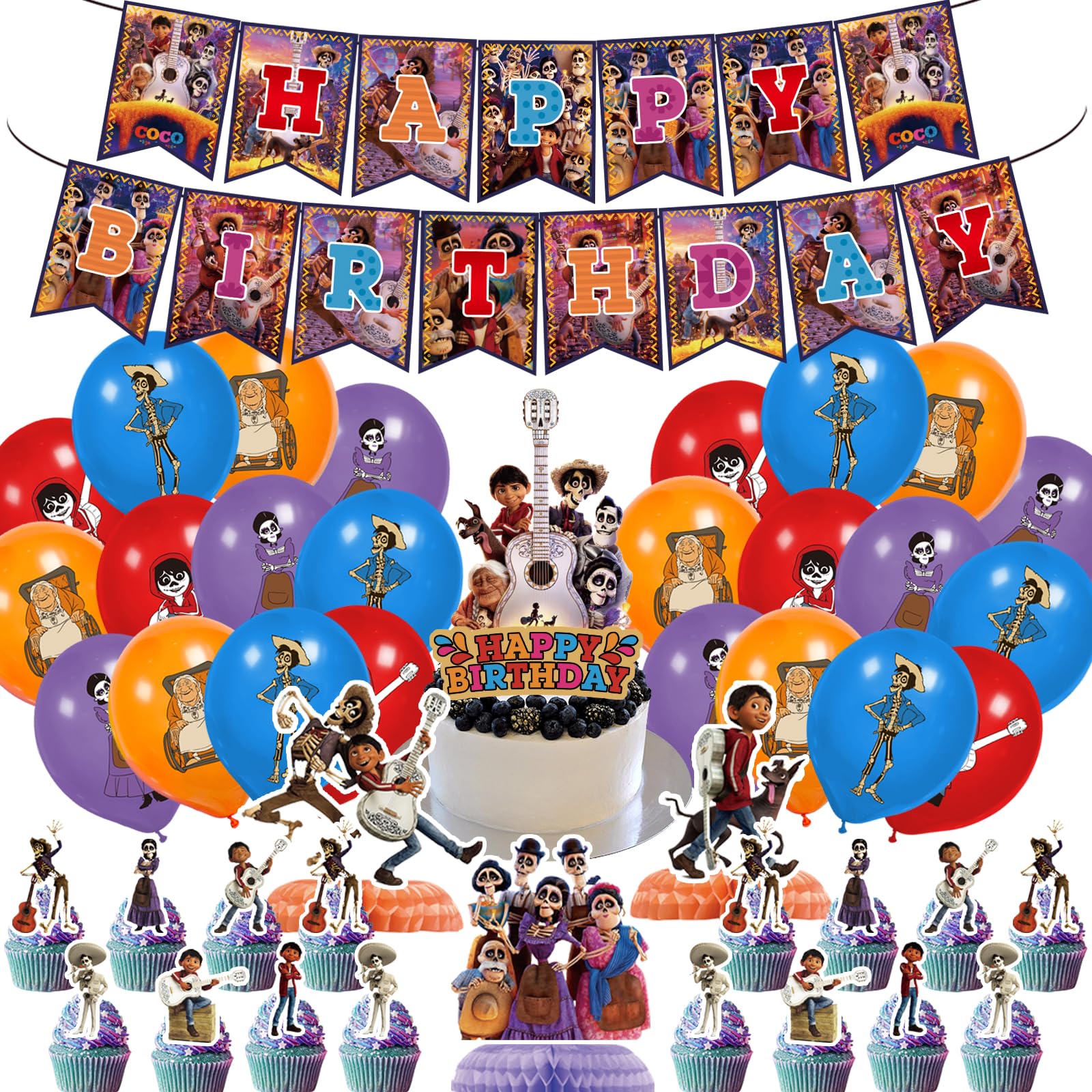 47-Piece Cartoon Theme Birthday Party Decorations Kit - Happy Birthday Banner, Cake Topper, Cupcake Toppers, Balloons & Honeycombs for Boys & Girls - Perfect for Kids Birthday Parties, Baby Showers & Family Celebrations
