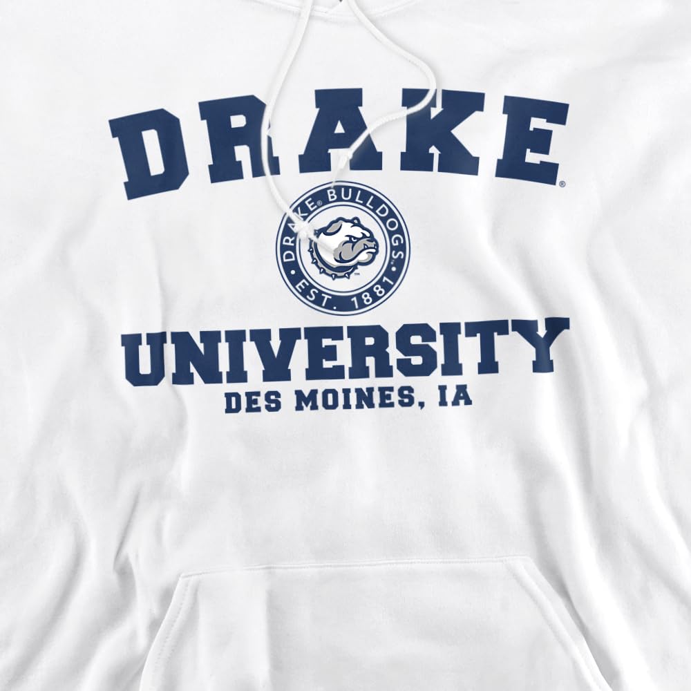 Drake University Official Unisex Hoodie - Circle Logo Pullover Sweatshirt for Men & Women, White, Large - Perfect for College Fans, Alumni & Casual Wear