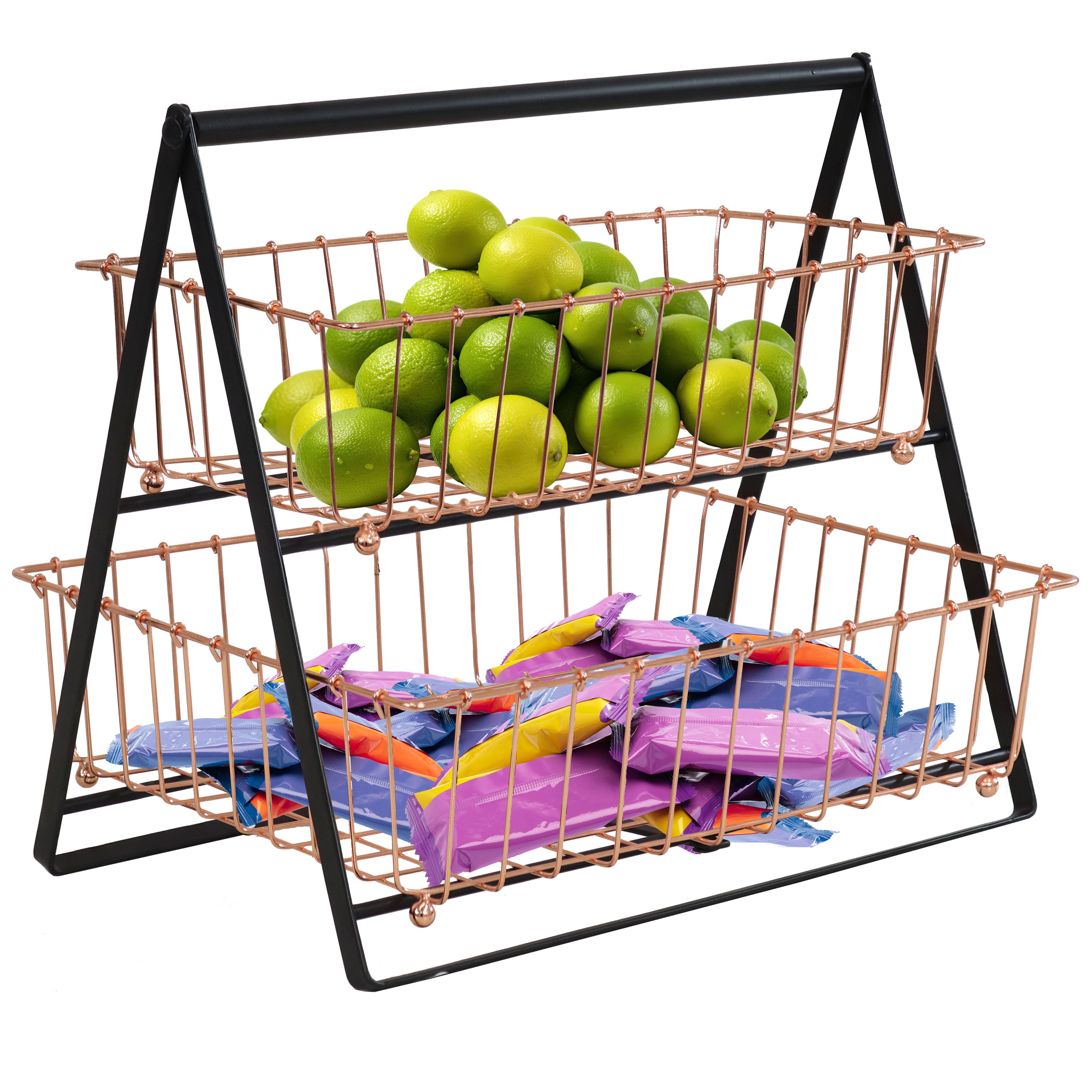 Sunnydaze 2 Tier Metal Fruit Basket with Handle - Rustic Copper Countertop Organizer for Kitchen, Dining Table, or Pantry Storage