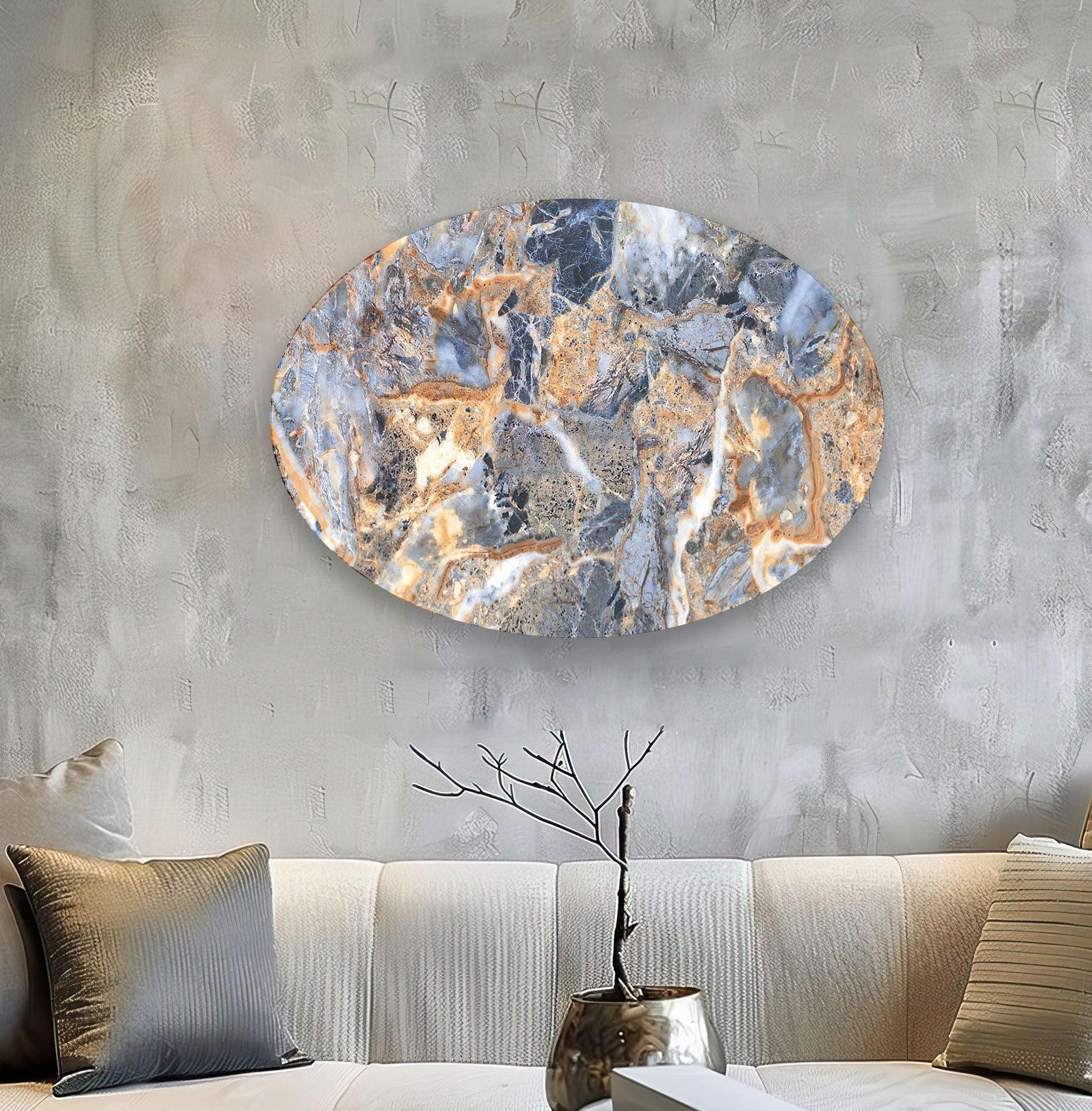 Handcrafted Asymmetric Oval Orange & Blue Marble Glass Wall Art - Modern Abstract Home Decor for Living Room, Bedroom & Office
