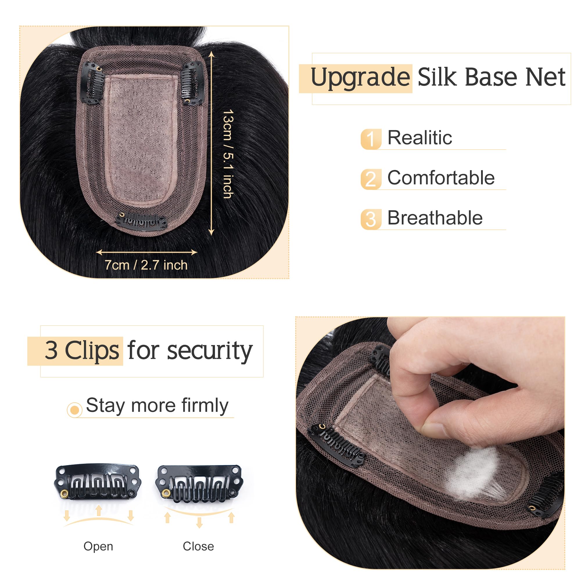 SEGO Human Hair Toppers for Women with Bangs - 7x13cm Silk Base, 100% Remy Hair Clip-in Top Wiglet for Thinning Hair (16 Inch, Jet Black) - Perfect for Daily Wear, Special Occasions & Hair Volume Enhancement