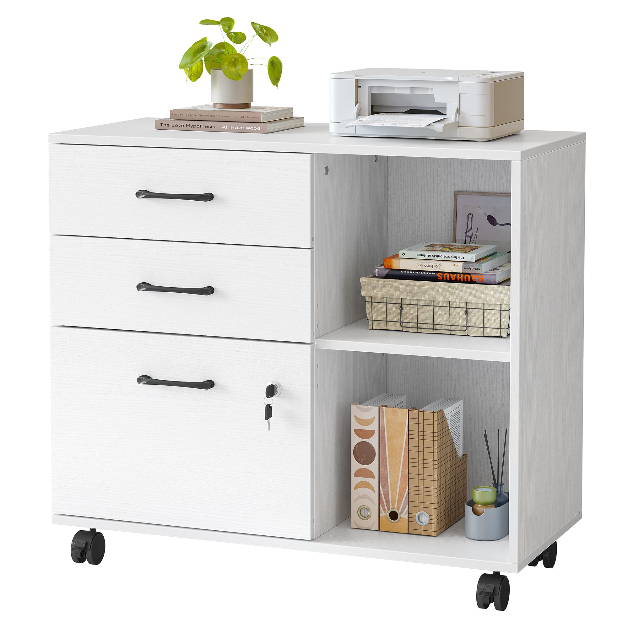 FEZIBO Home Office File Cabinet with Locking Drawers & Open Storage Shelves - Mobile Lateral Filing Cabinet & Printer Stand - White - Perfect for Organizing Documents & Office Supplies in Small Spaces