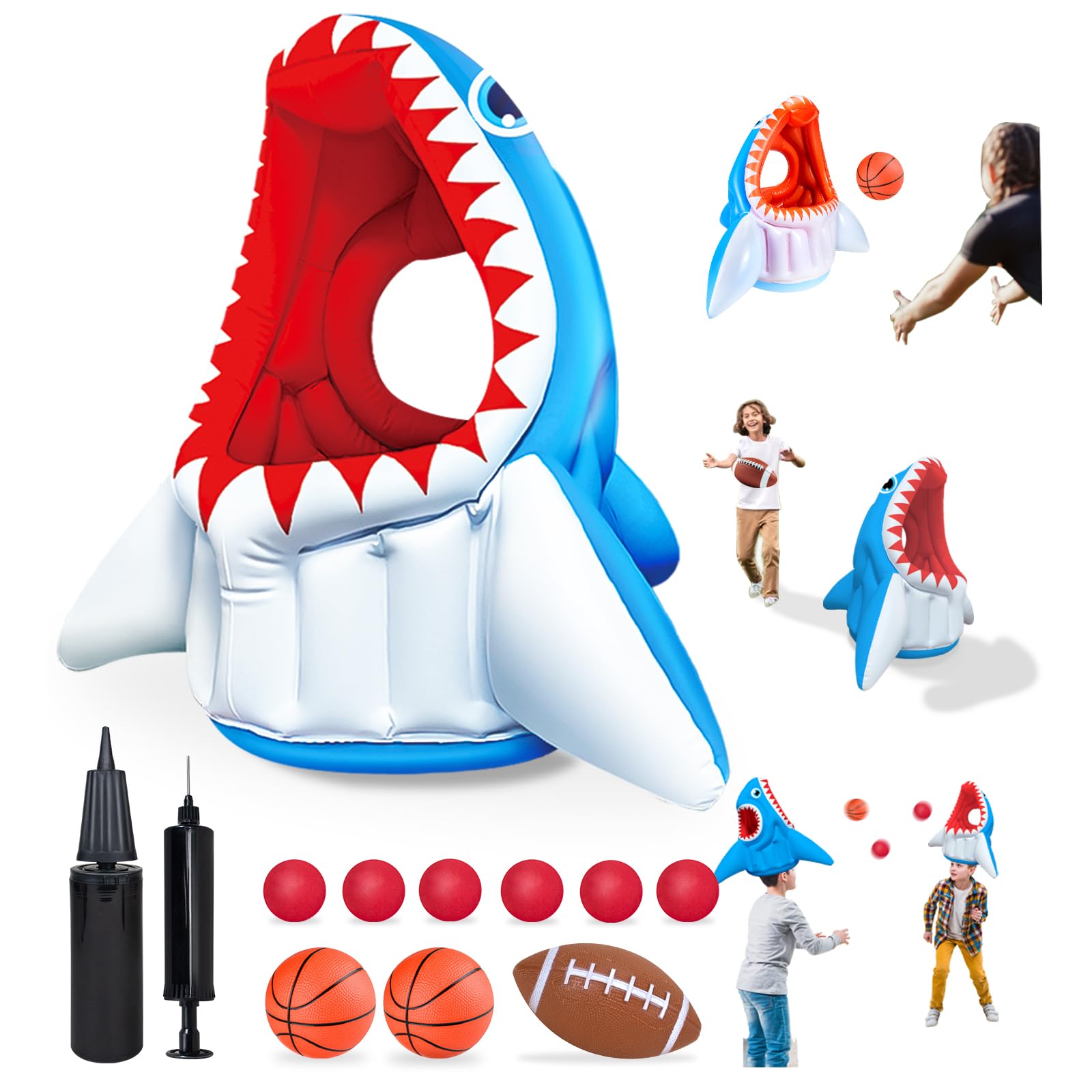 **Inflatable Pool Game Toys Set - 3-in-1 Shark Water Floats, Basketball Hoop, Football & Head Hoop Ball for Kids & Adults | Perfect for Summer, Beach, Pool Parties, Birthdays & Outdoor Family Fun**