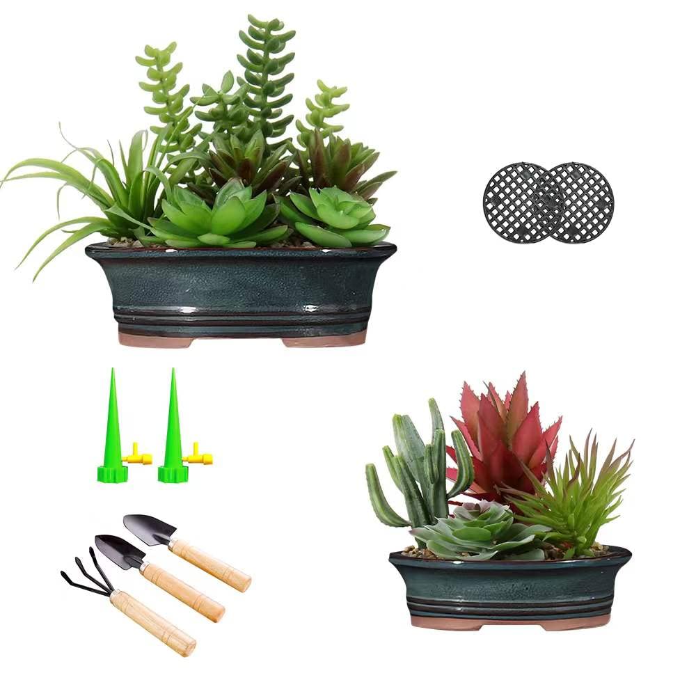 2-Pack Green Ceramic Plant Pots with Drainage Holes - 7.6