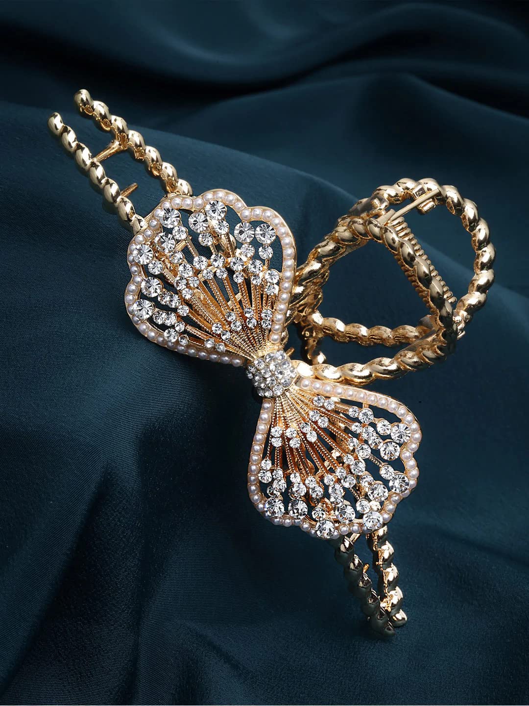 Annacreations Golden Large Metal Pearl Rhinestone Hair Claw Clip - Elegant Hair Accessories for Women & Girls (Style-18, Pack of 1) - Perfect for Weddings, Parties, and Special Occasions