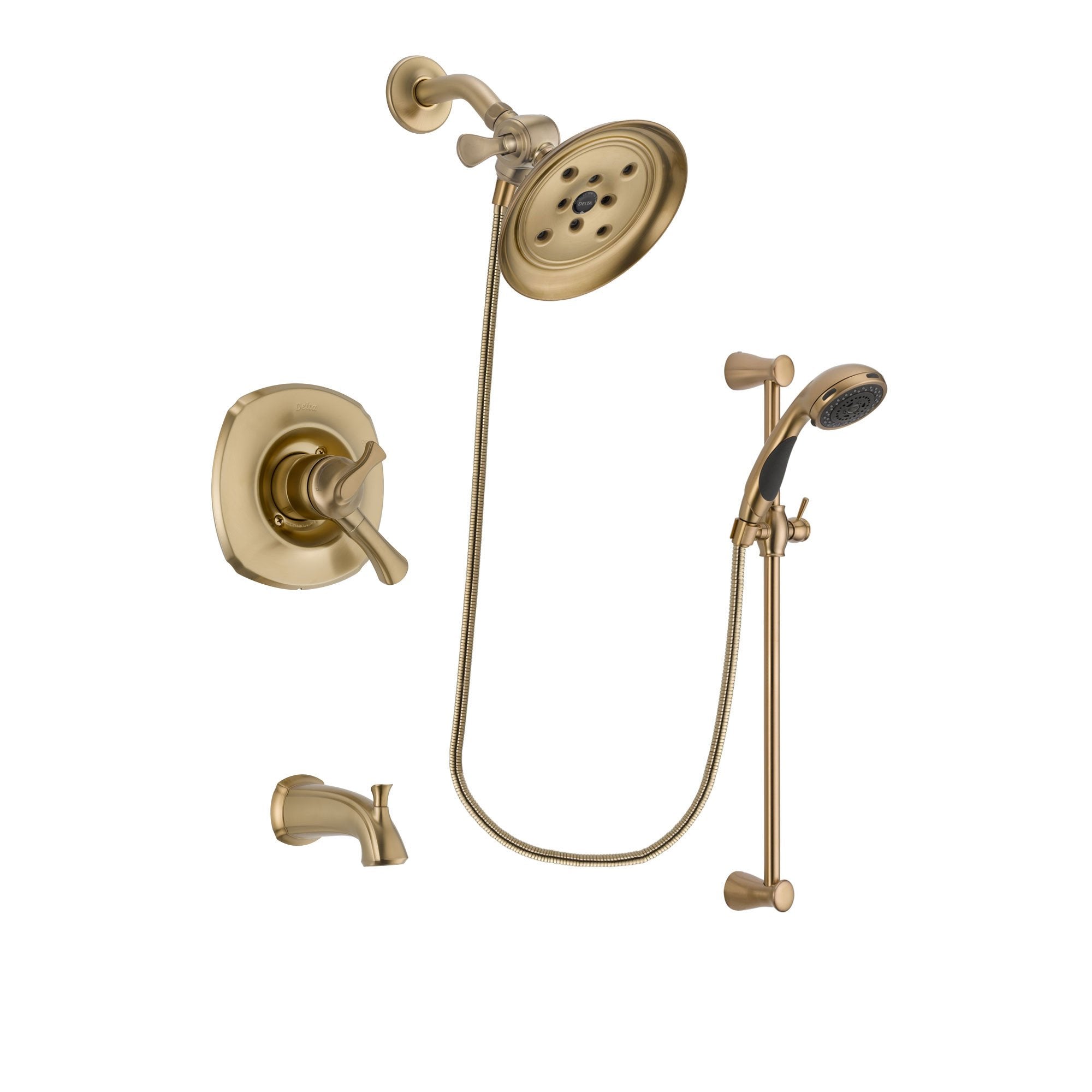 Delta Addison Champagne Bronze Dual Control Tub and Shower Faucet System with Large Rain Shower Head, Handheld Sprayer & Slide Bar - Includes Rough-in Valve & Tub Spout DSP3493V - Perfect for Bathroom Renovation & Luxury Spa Experience