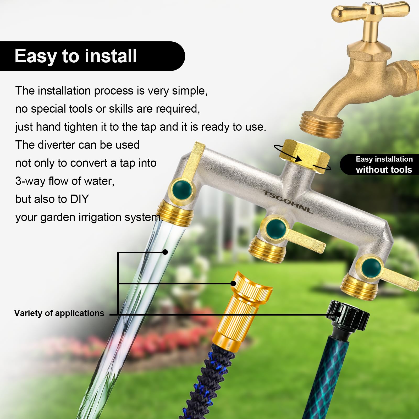 3-Way Garden Hose Splitter - Heavy Duty Brass Nickel Plated Faucet Diverter with 3 Extended Metal Handles, 3/4-Inch GHT Hex Female Inlet & Male Outlet - Perfect for Outdoor Watering, Sprinkler Systems & Multiple Hose Connections