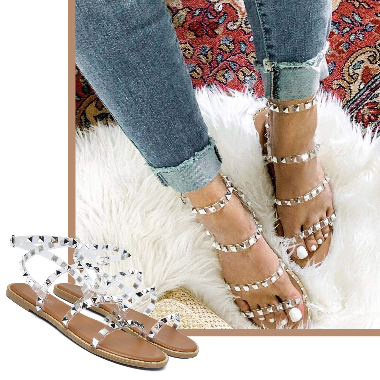 Katliu Women's Strappy Studded Gladiator Flat Sandals with Ankle Strap - Comfortable Summer Casual Shoes for Beach, Vacation & Daily Wear