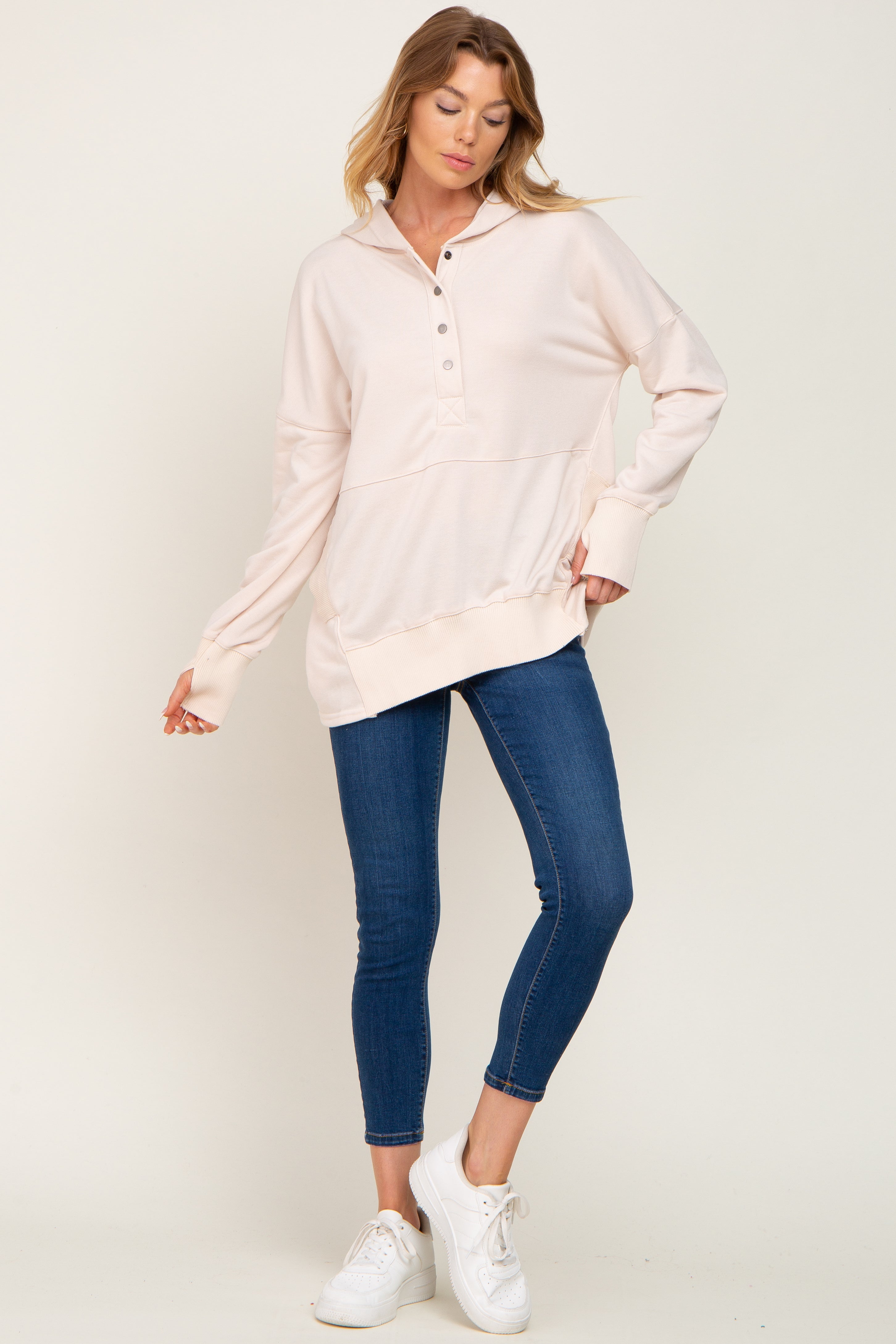 Beige Snap Front Button Hoodie for Women - Cozy Fleece Pullover with Pockets | Casual Loungewear, Outdoor Activities & Layering Essential
