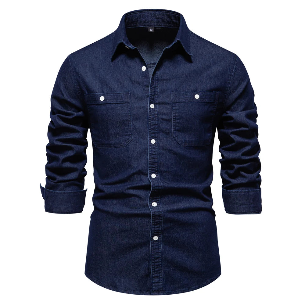 Men's Slim Fit Denim Shirt - Stretch Cotton Casual Button Down Shirt with Double Pockets | Perfect for Fall Outfits, Office Wear & Social Events
