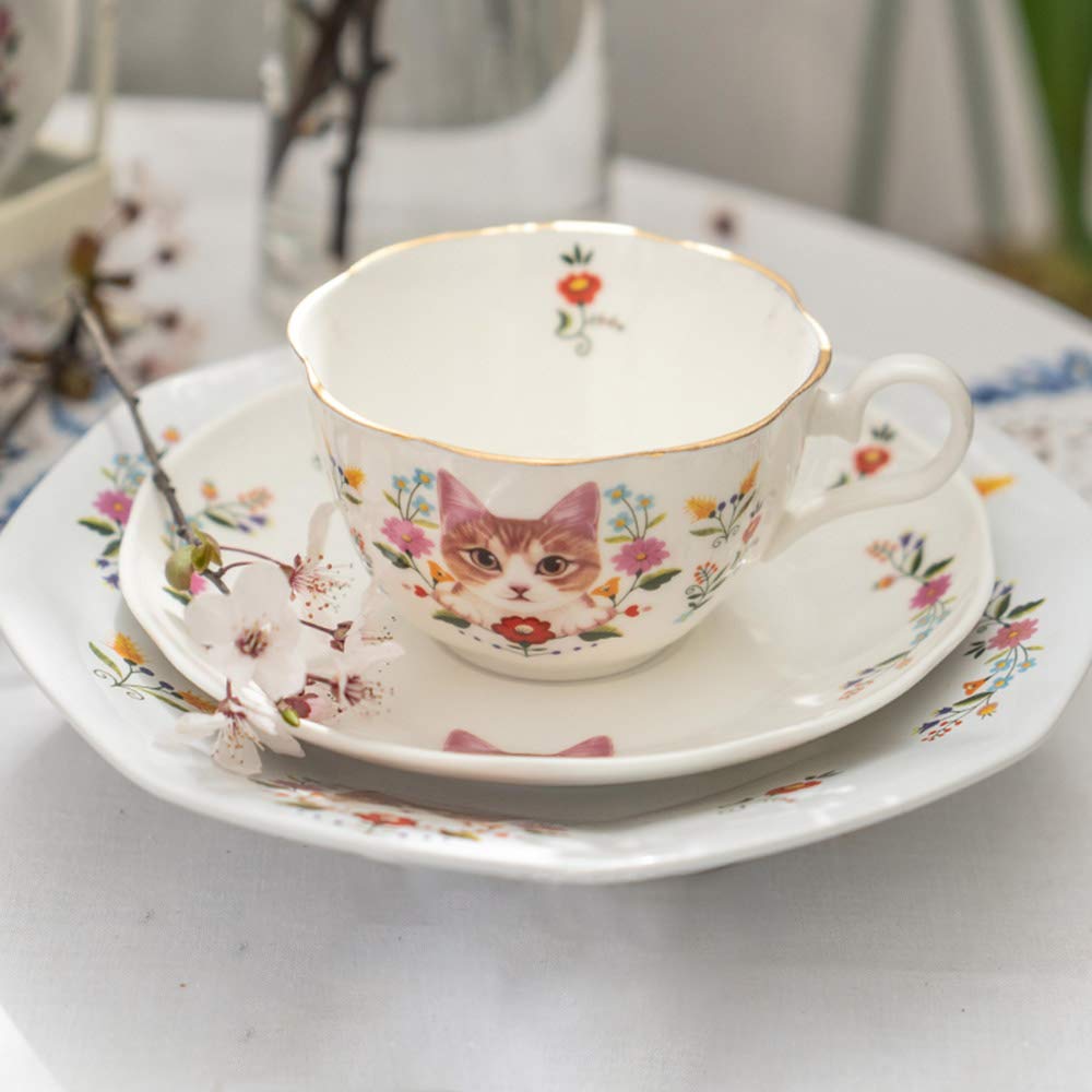 123Arts Ceramic Cat and Flower Coffee Mug Teacup Set with Saucer - Cute Cat-Themed Tea Cup for Coffee, Tea & Hot Drinks - Perfect for Home, Office & Gifts