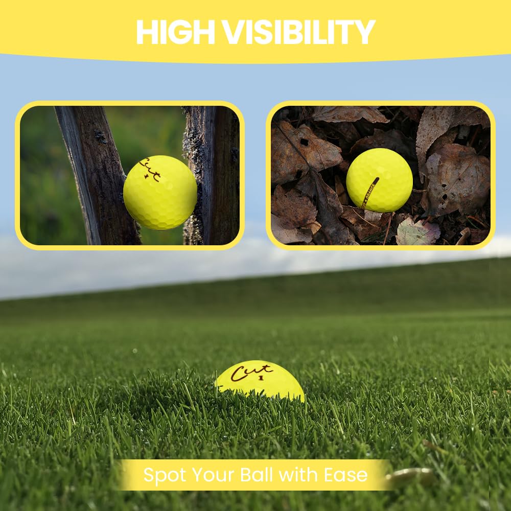 Cut Golf - Premium Soft Feel Distance Golf Balls (12 Pack) - Low Spin for Improved Accuracy & Greenside Control - High Visibility Matte Yellow - Perfect for Driving Range Practice & Tournament Play