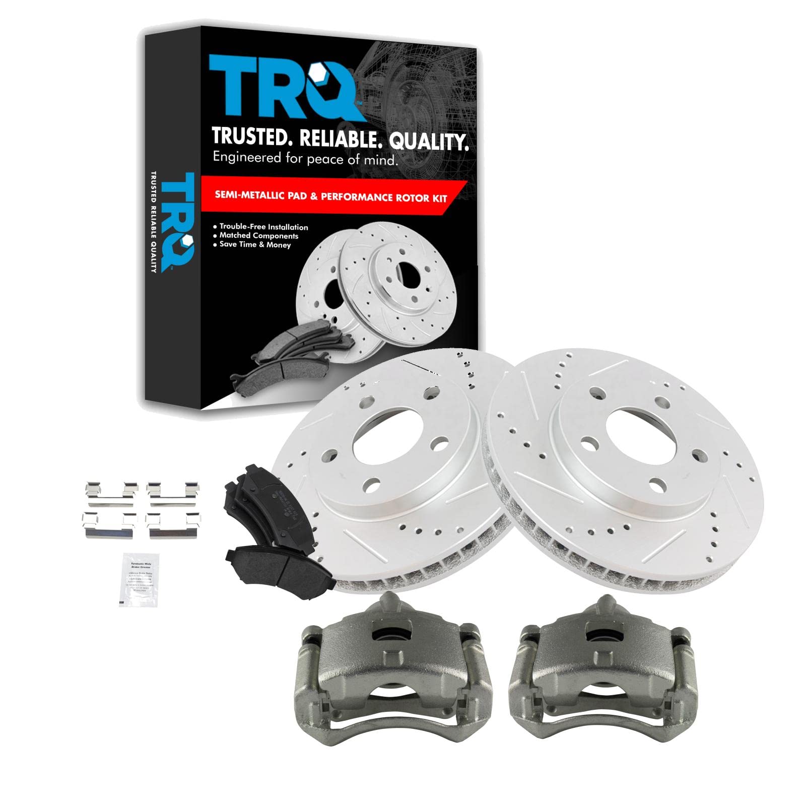 TRQ Front Performance Brake Pad & Rotor Kit - Semi-Metallic Vented G-Coated Brake Caliper Set for 2000-2003 Pontiac Bonneville - Perfect for High-Performance Driving & Daily Commutes