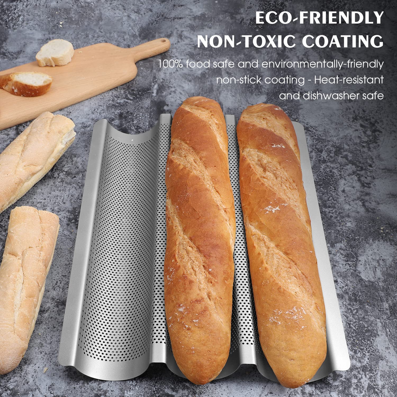 Nonstick French Baguette Pan - 3 Slot Perforated Italian Loaf Bread Baking Mold, Silver | Perfect for Homemade Artisan Bread, French Toast & Restaurant-Style Baking