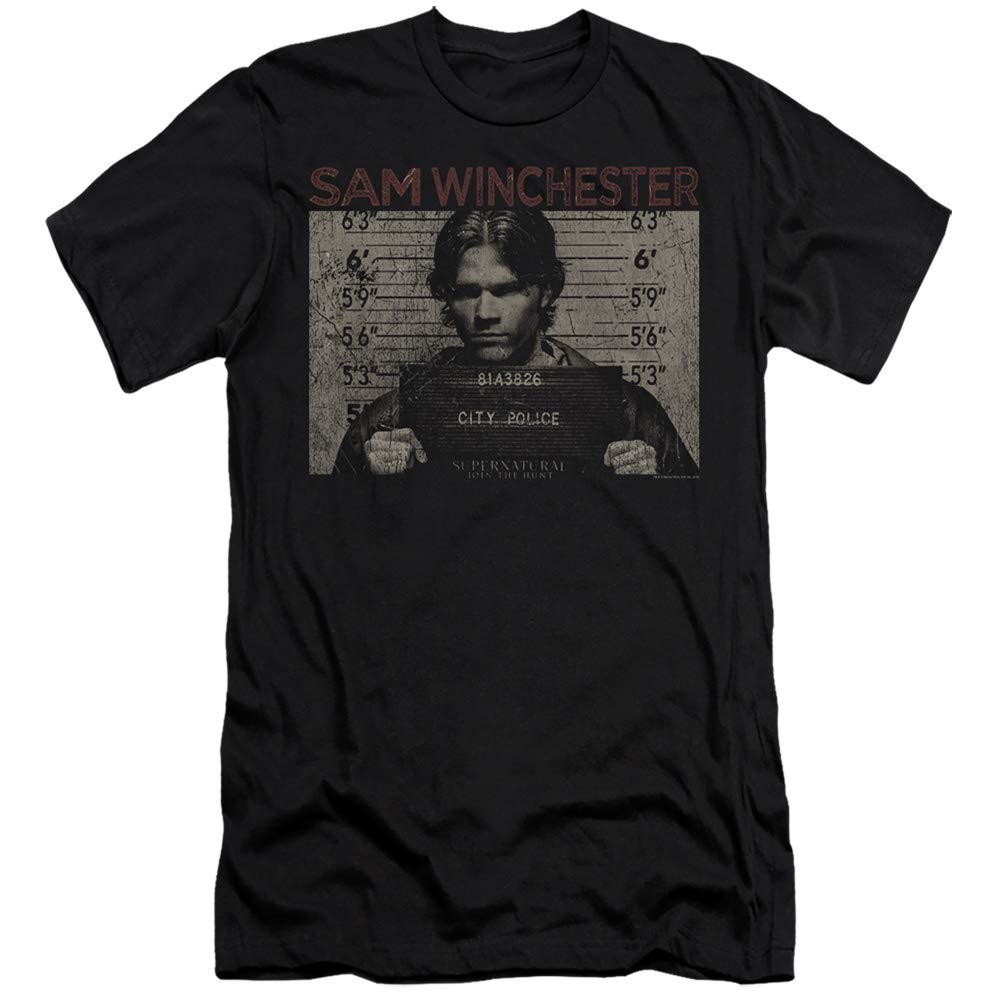 Supernatural Premium Canvas T-Shirt - Sam Winchester Mug Shot Black Tee | Soft Cotton Graphic Tee for Fans | Perfect for TV Show Parties, Comic Con & Casual Wear