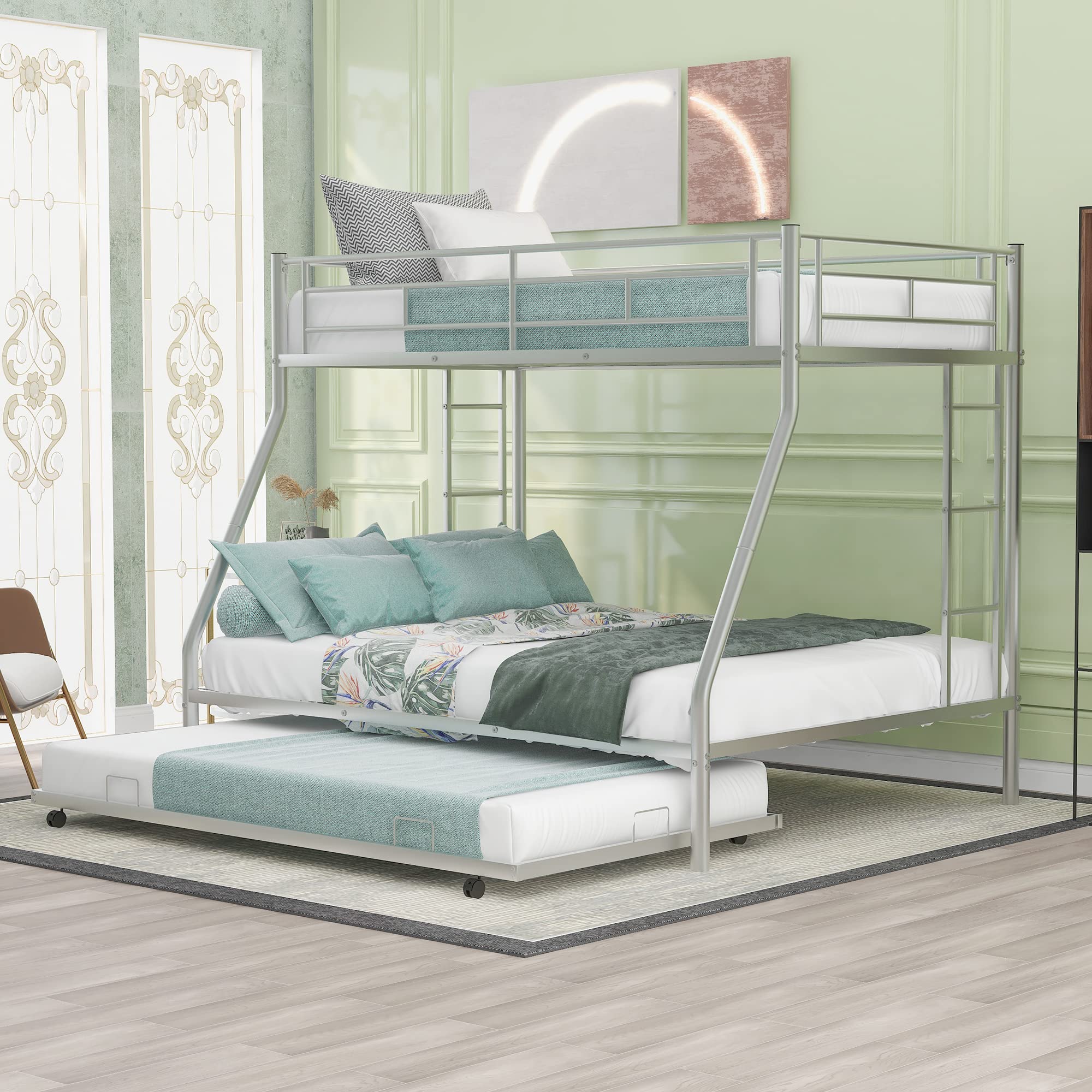 Twin Over Full Bunk Bed with Trundle - Sturdy Metal Bunk Bed Frame with Dual Ladders, No Box Spring Required, Silver Finish | Space-Saving Kids Bedroom Furniture for Siblings or Sleepovers