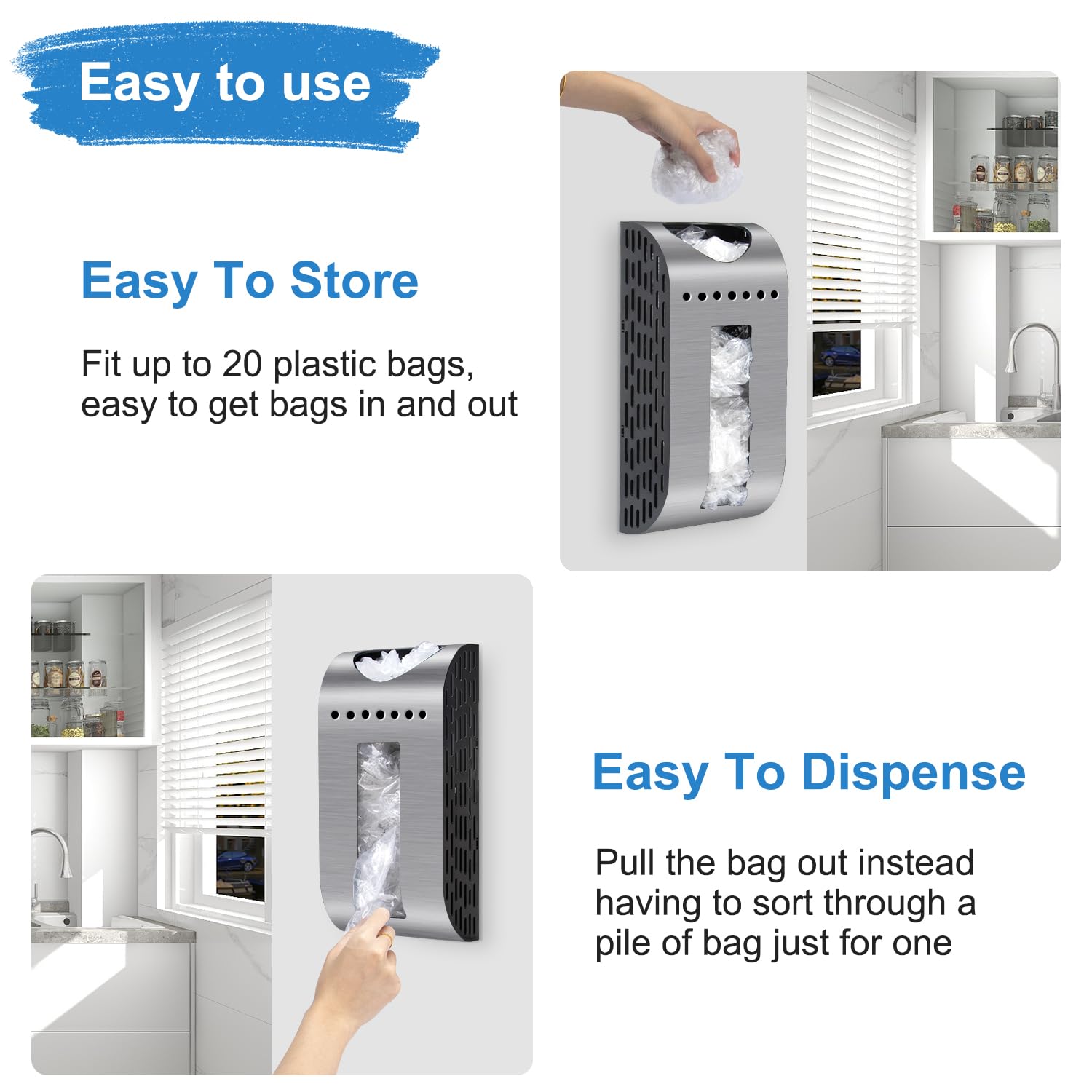 Wall Mount Grocery Bag Holder - Space Saving Plastic Bag Dispenser with Anti-Fingerprint Brushed Silver Finish - Perfect for Kitchen Cabinet, Cupboard & Pantry Organization - Ideal for Storing Shopping Bags, Trash Bags & Recycling Bags